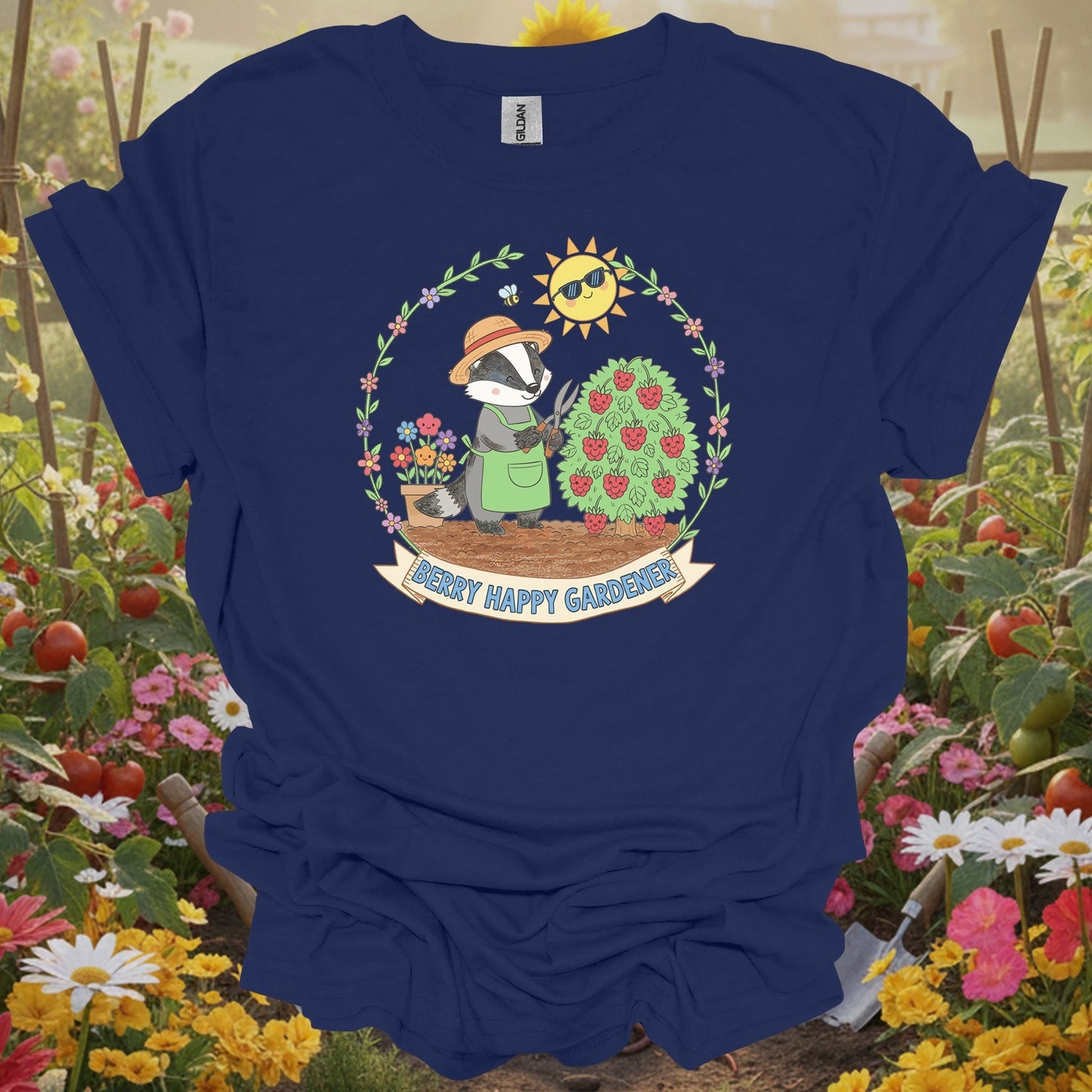 Navy shirt showing : berry happy gardener badger harvesting berries for home gardeners