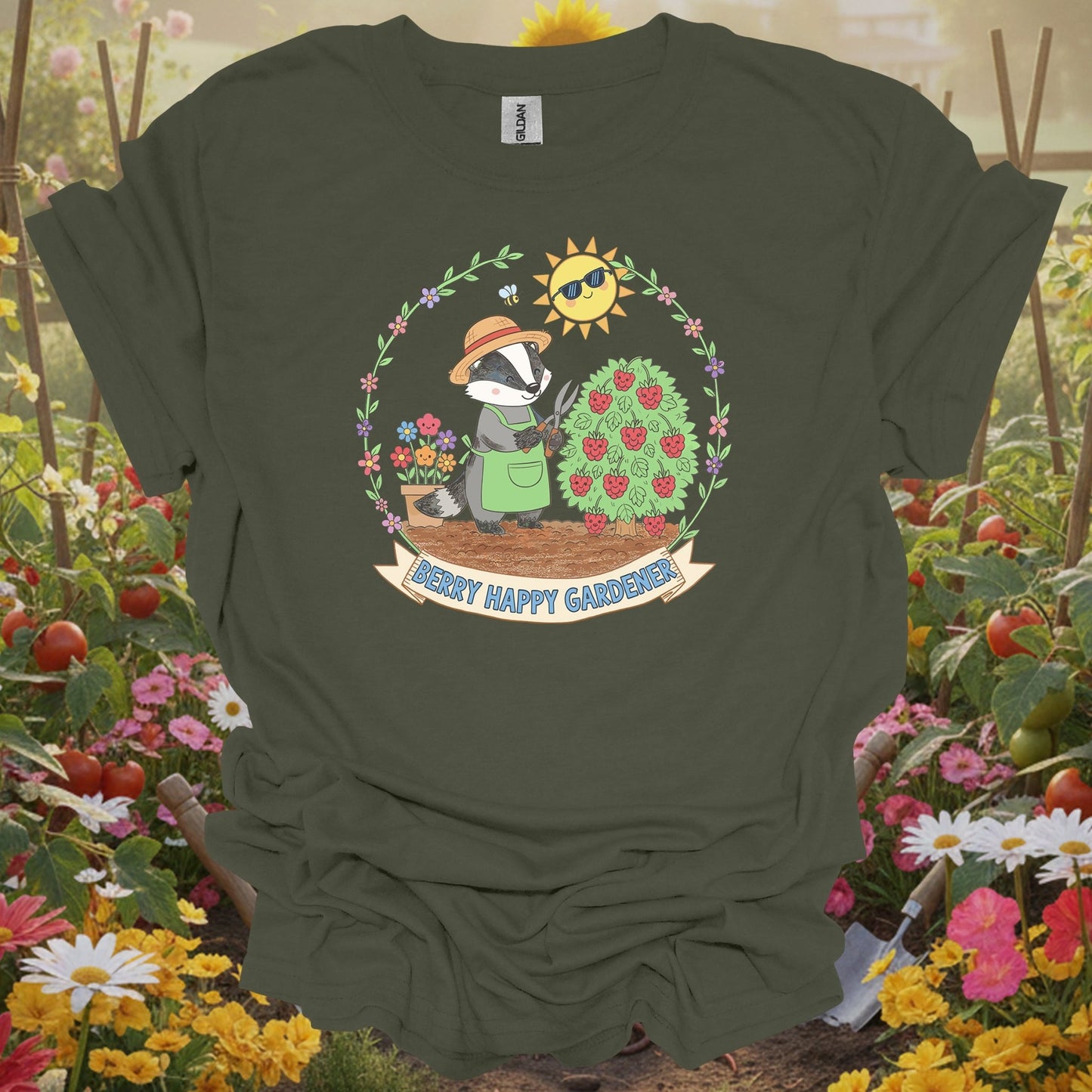 Military Green top showing : berry happy gardener badger harvesting berries for nature lovers