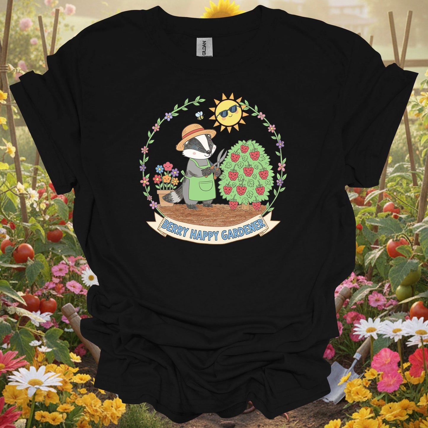 Black shirt showing : berry happy gardener badger harvesting berries for outdoor enthusiasts