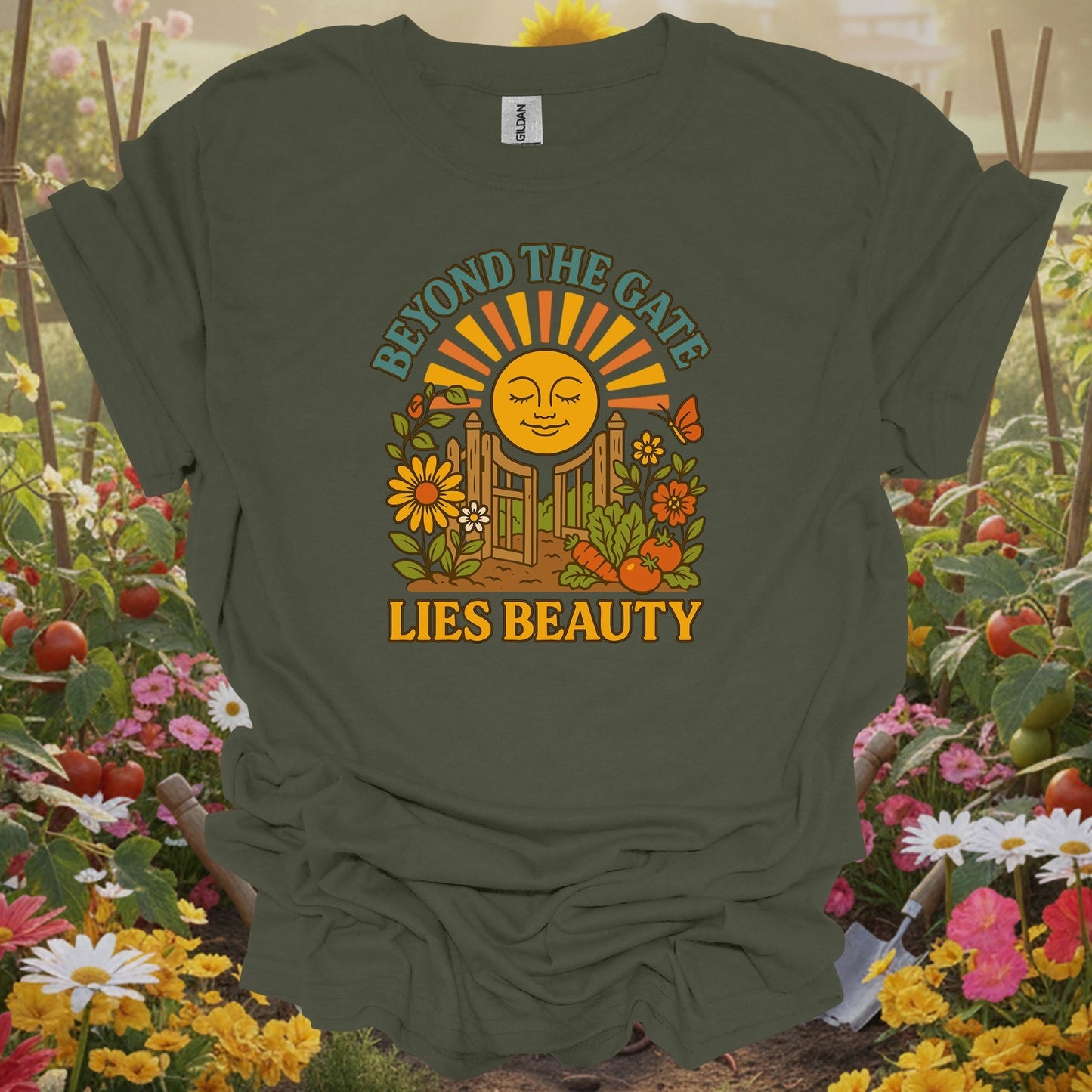 Military Green top showing beyond the gate lies beauty retro garden for nature lovers