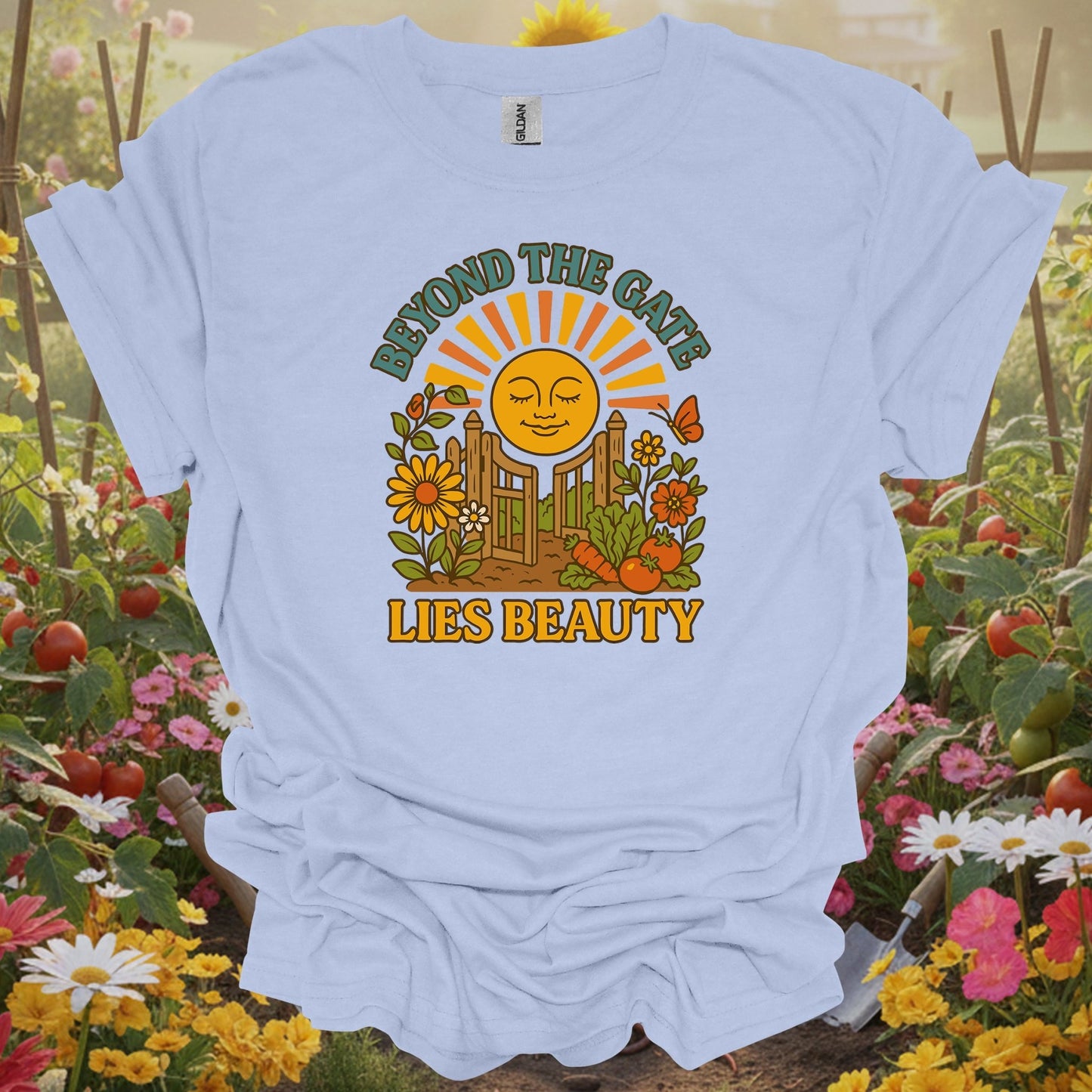 Light Blue shirt showing beyond the gate lies beauty retro garden for home gardeners