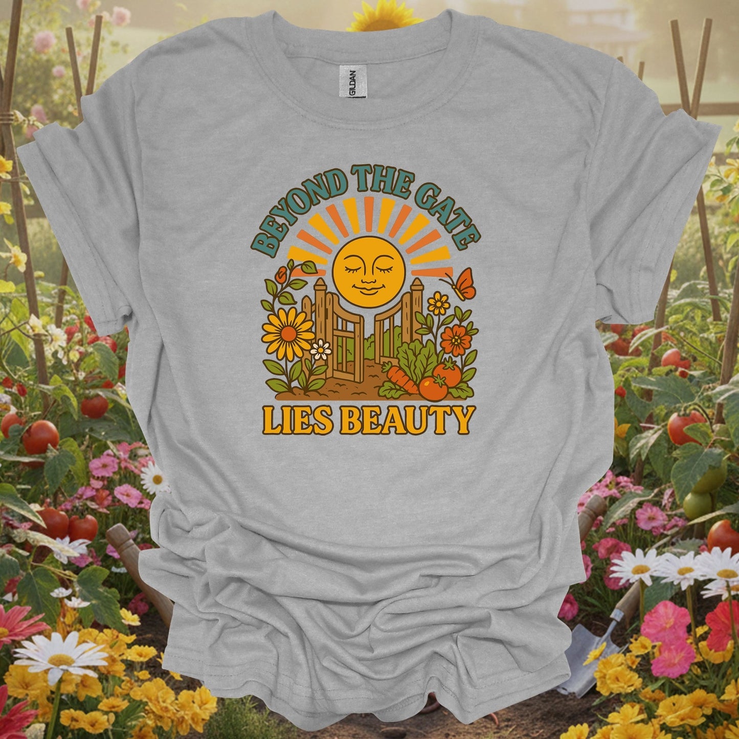 Sport Grey tshirt showing beyond the gate lies beauty retro garden for gardening enthusiasts