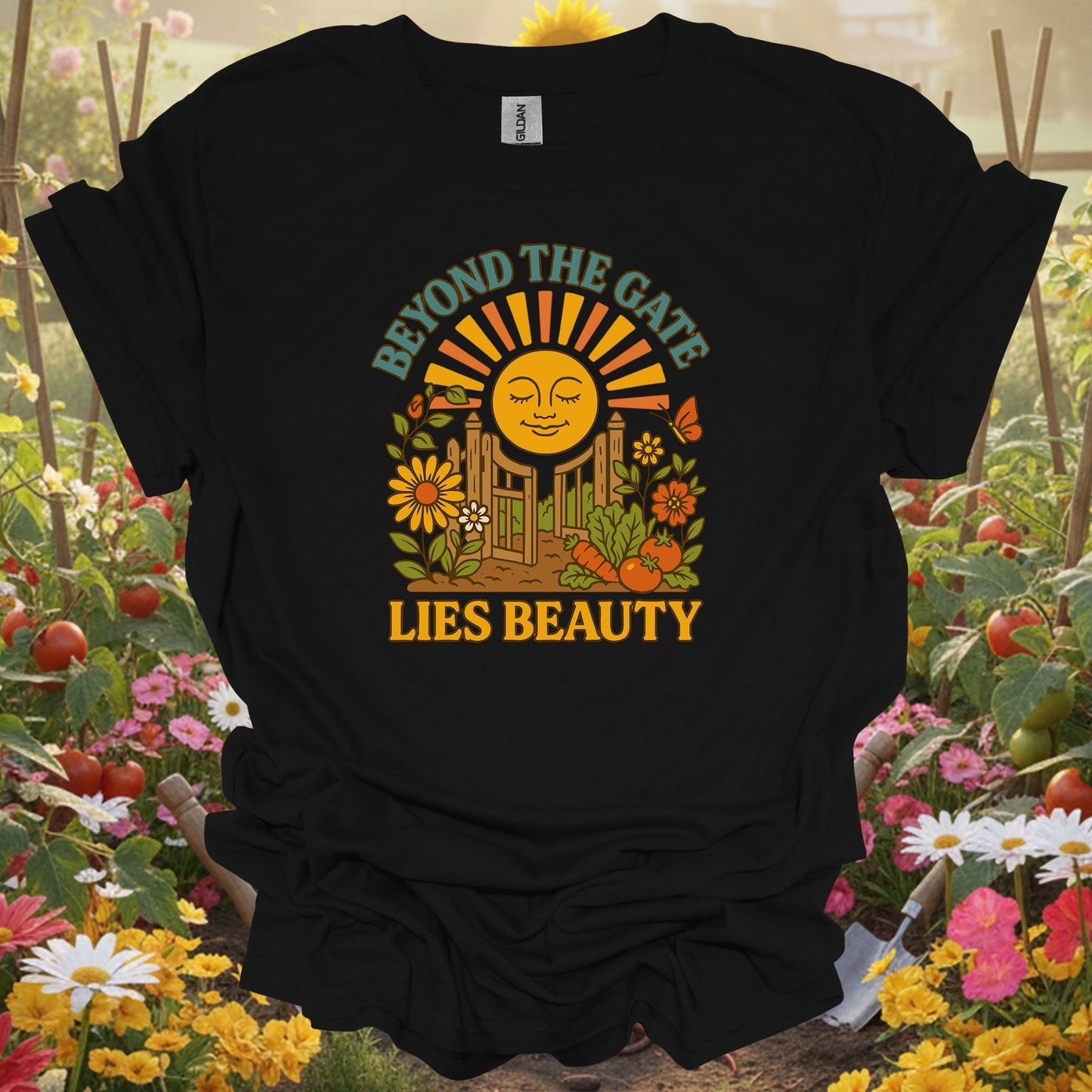 Black shirt showing beyond the gate lies beauty retro garden for outdoor enthusiasts