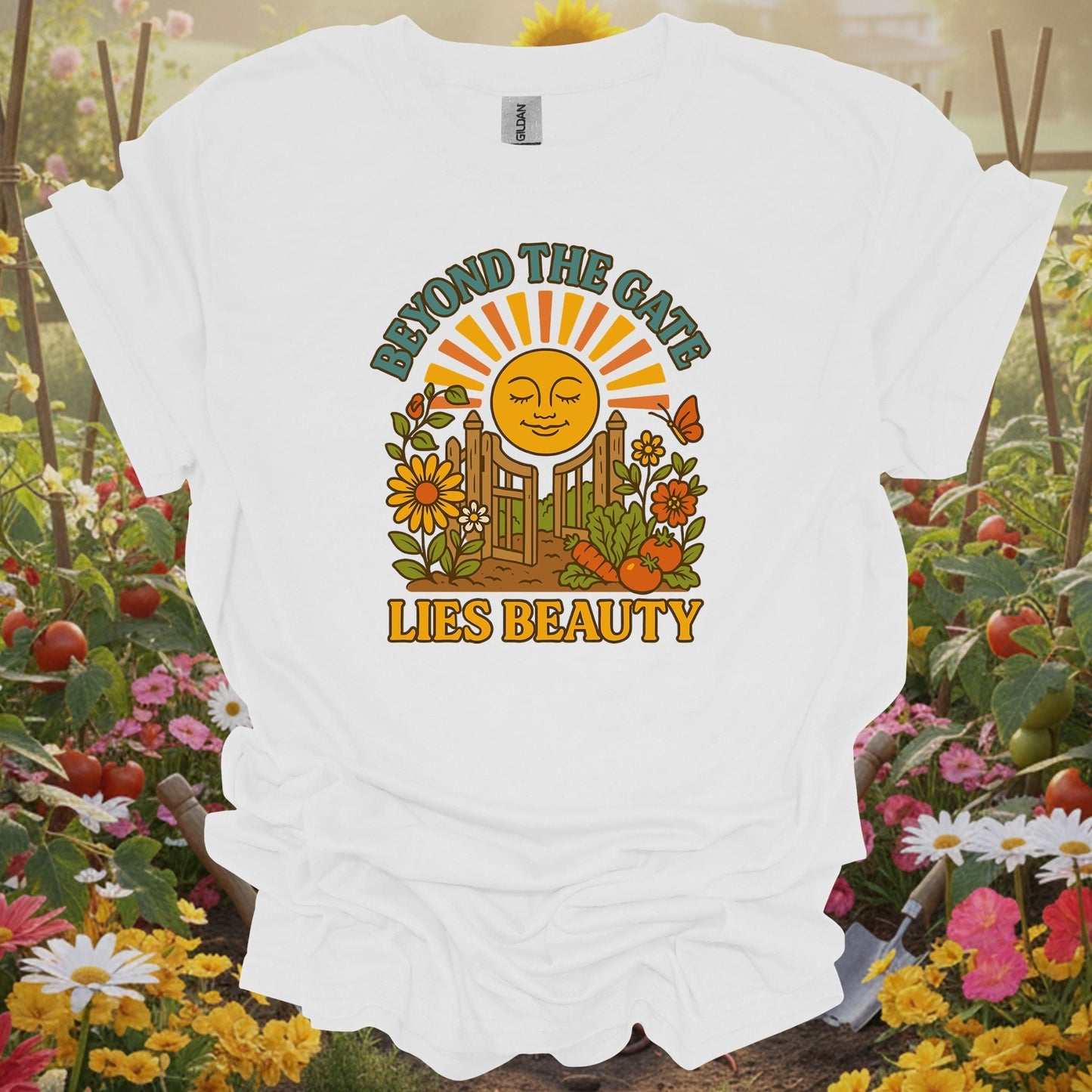 White tee showing beyond the gate lies beauty retro garden for garden hobbyists