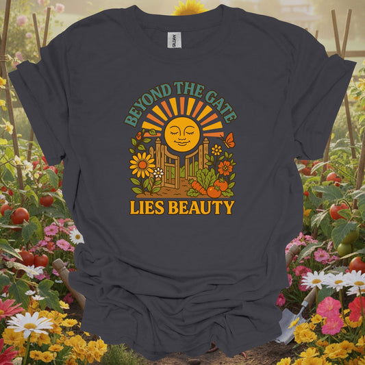 Charcoal tee showing beyond the gate lies beauty retro garden for plant lovers