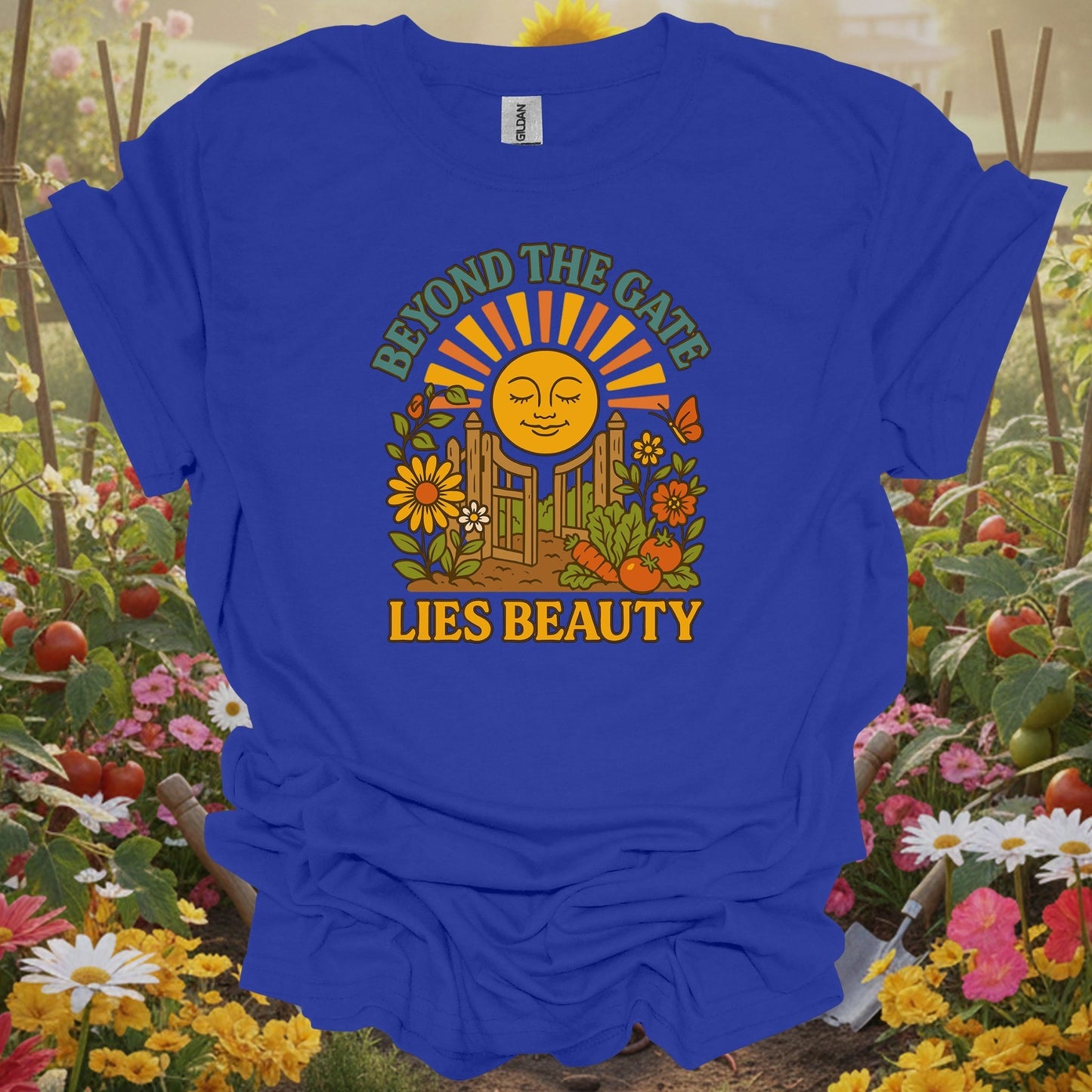 Royal tshirt showing beyond the gate lies beauty retro garden for backyard growers