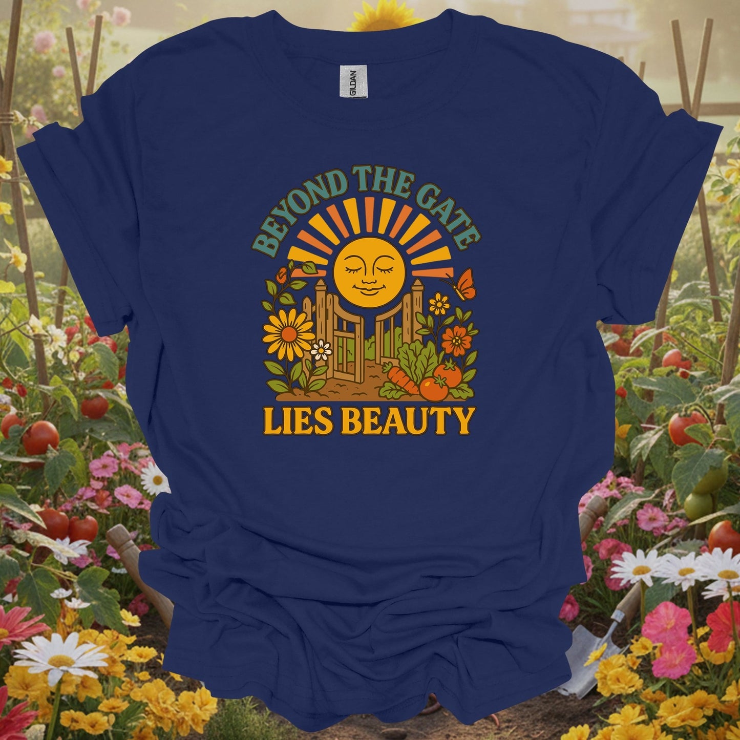 Navy top showing beyond the gate lies beauty retro garden for green thumb folks