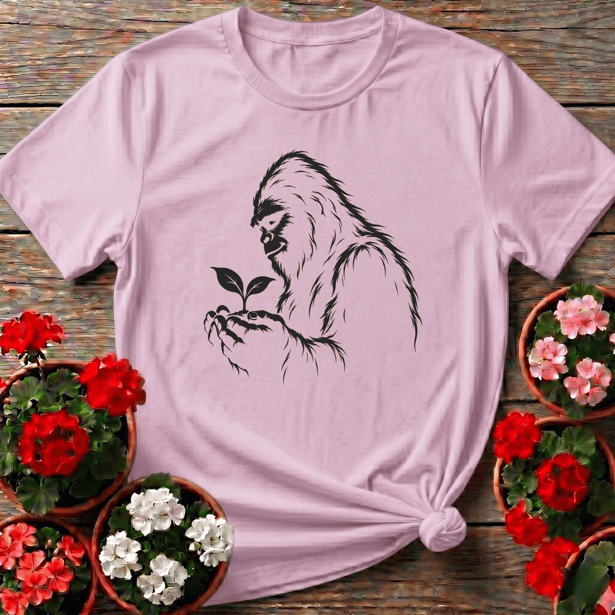 Bigfoot Holding a Seedling Gardening T-Shirt - GardeningTshirts