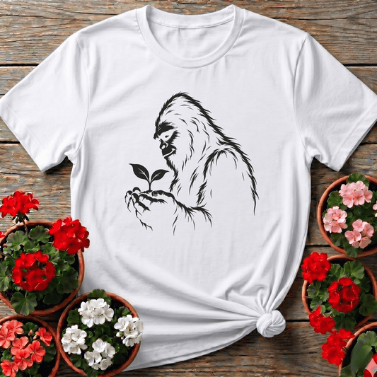 White tonal monochromatic naturalist Bigfoot seedling shirt for plant lovers and folklore fans
