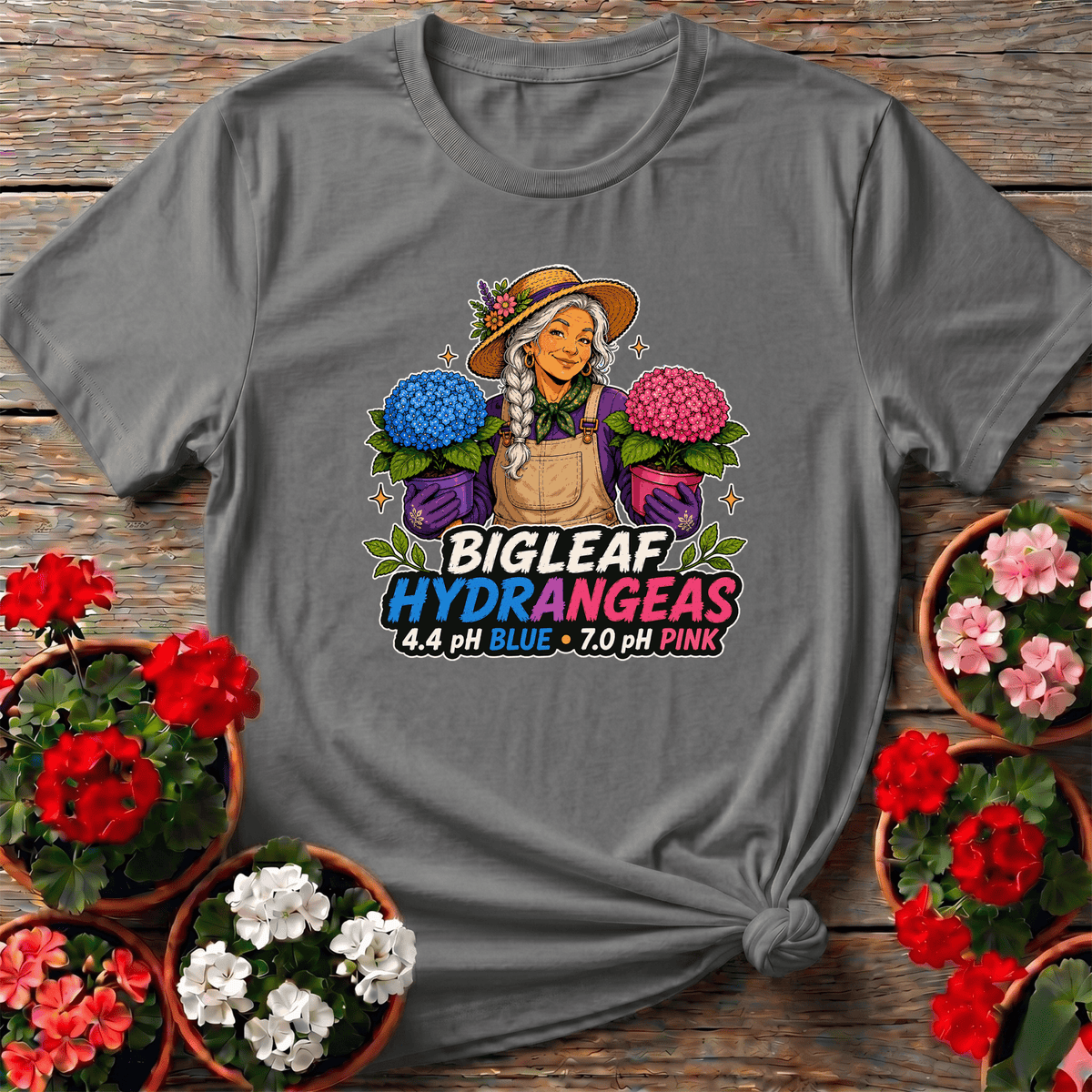 Sport Gray vibrant pop-art gardening shirt "Bigleaf Hydrangeas 4.4 pH Blue 7.0 pH Pink" for the devoted flower grower