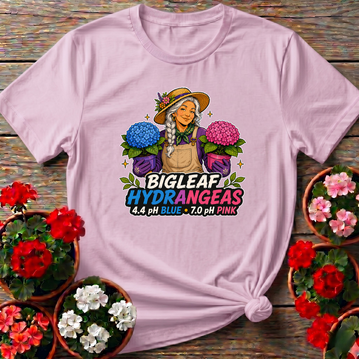 Light Pink soft floral retro-pop gardening tee "Bigleaf Hydrangeas 4.4 pH Blue 7.0 pH Pink" for hydrangea growers and gifting