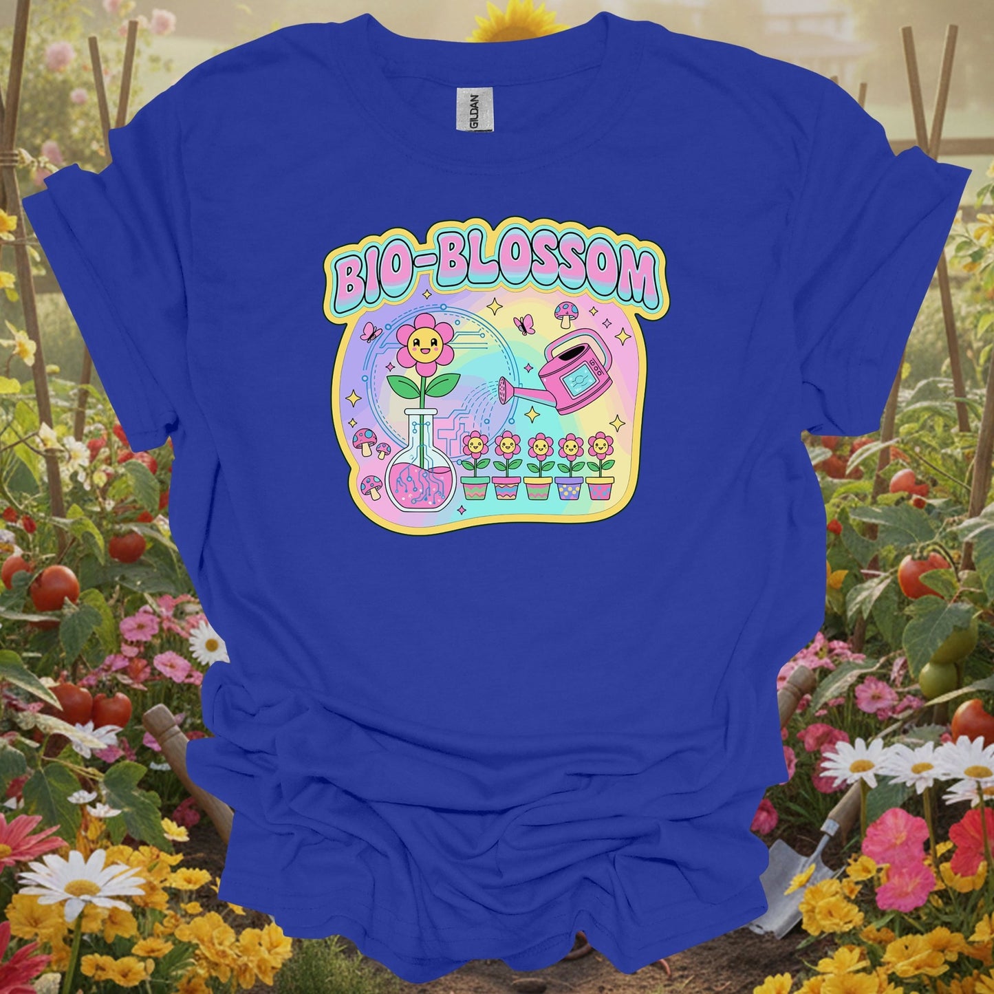 Royal tshirt showing bio-blossom funky science & garden fusion for backyard growers