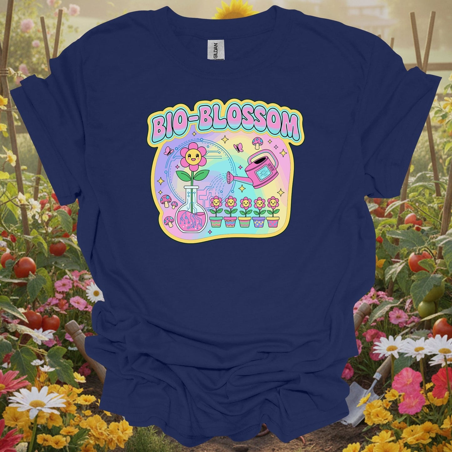 Navy top showing bio-blossom funky science & garden fusion for green thumb folks