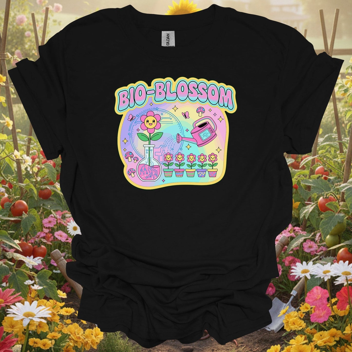 Black shirt showing bio-blossom funky science & garden fusion for outdoor enthusiasts