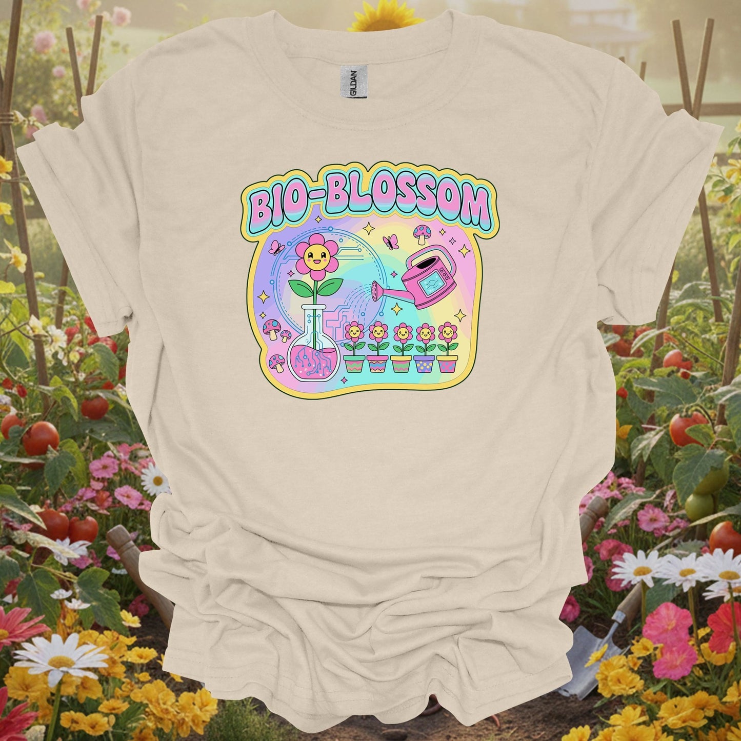 Natural tshirt showing bio-blossom funky science & garden fusion for people who love plants