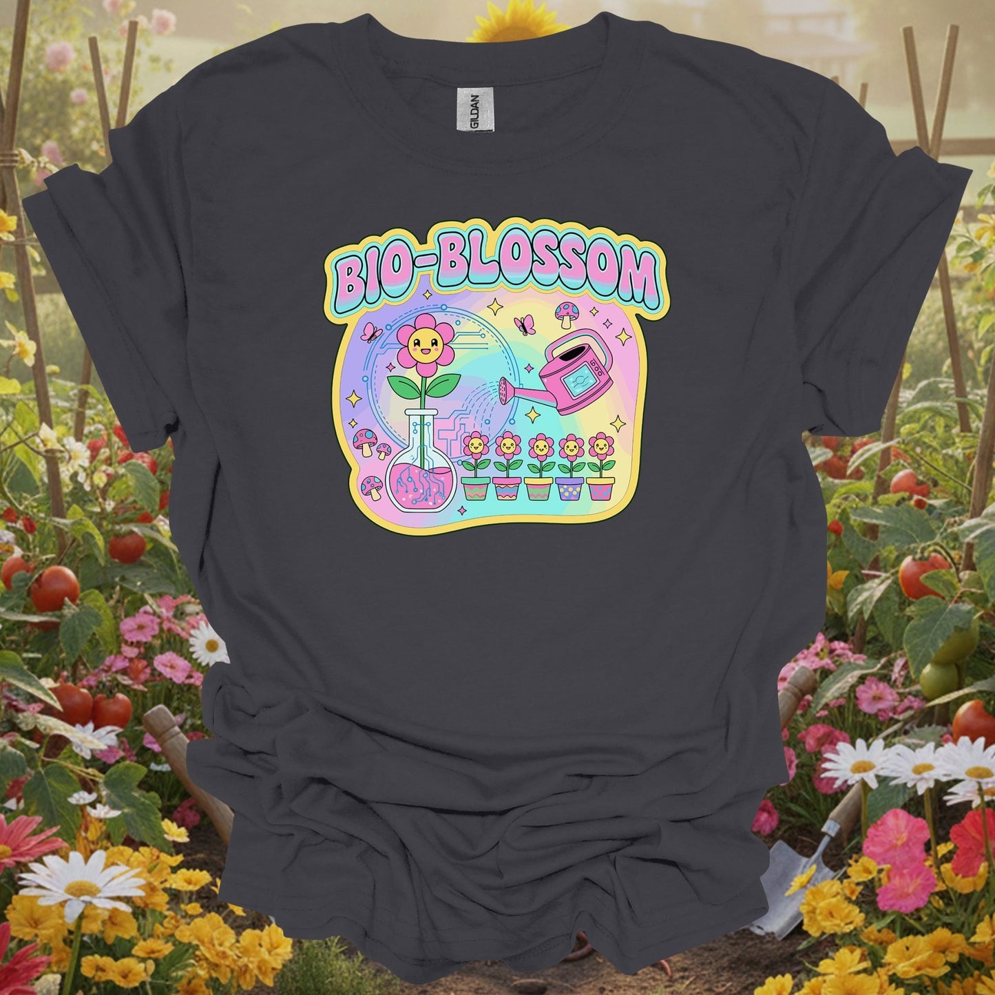 Charcoal tee showing bio-blossom funky science & garden fusion for plant lovers