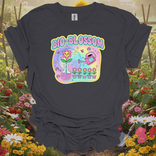 Charcoal tee showing bio-blossom funky science & garden fusion for plant lovers