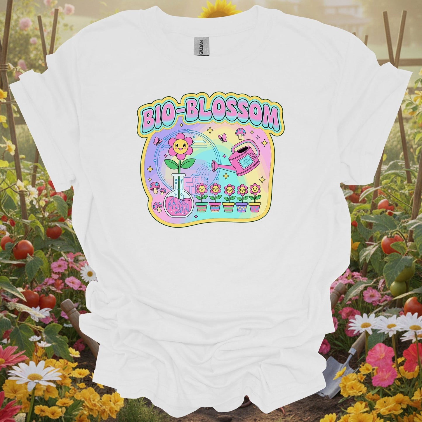 White tshirt showing bio-blossom funky science & garden fusion for gardening enthusiasts