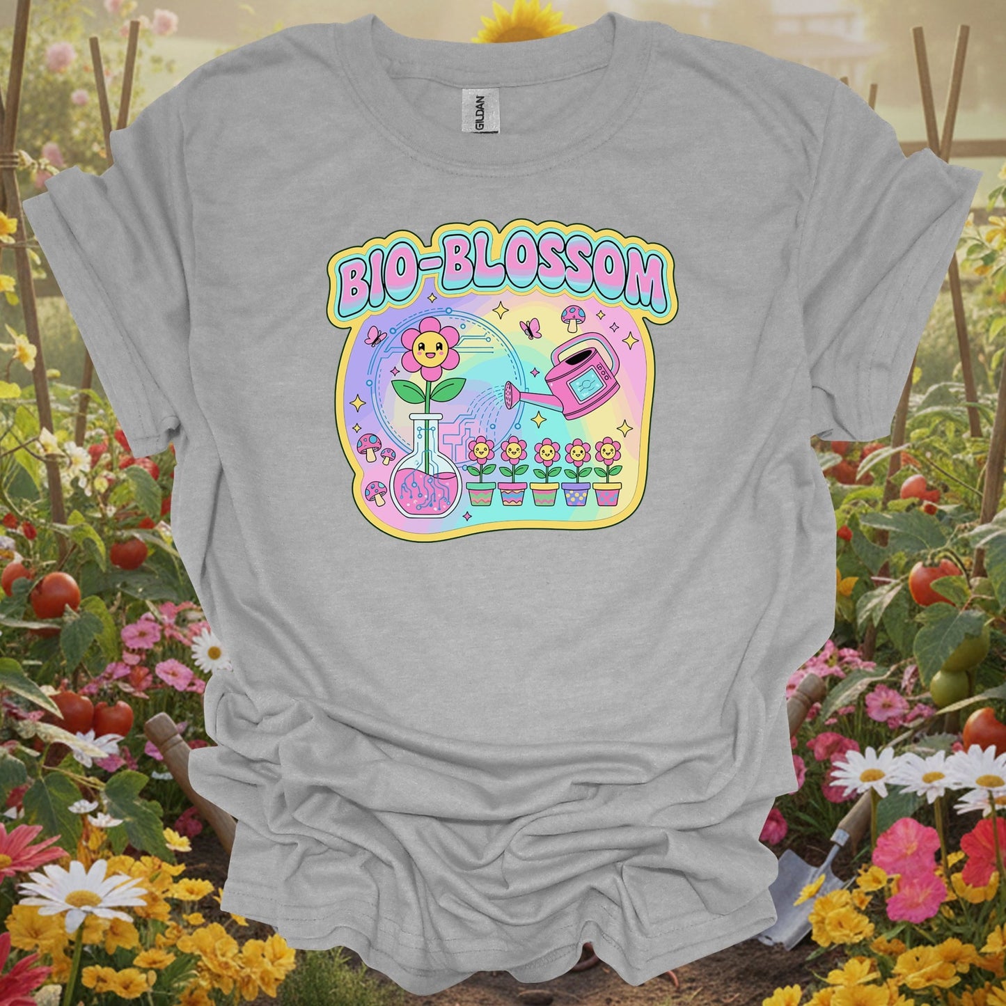 Sport Grey tee showing bio-blossom funky science & garden fusion for garden hobbyists
