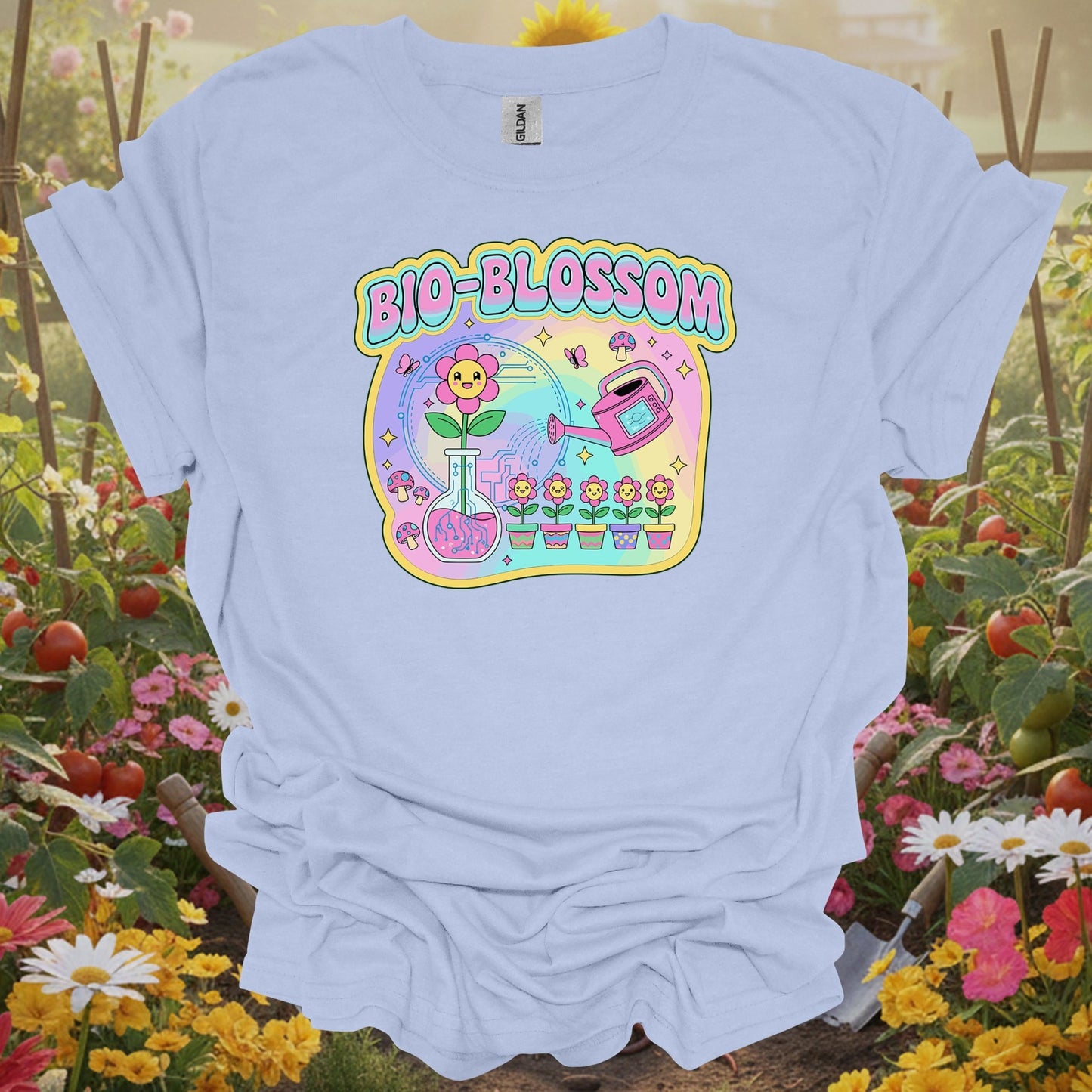 Light Blue shirt showing bio-blossom funky science & garden fusion for home gardeners