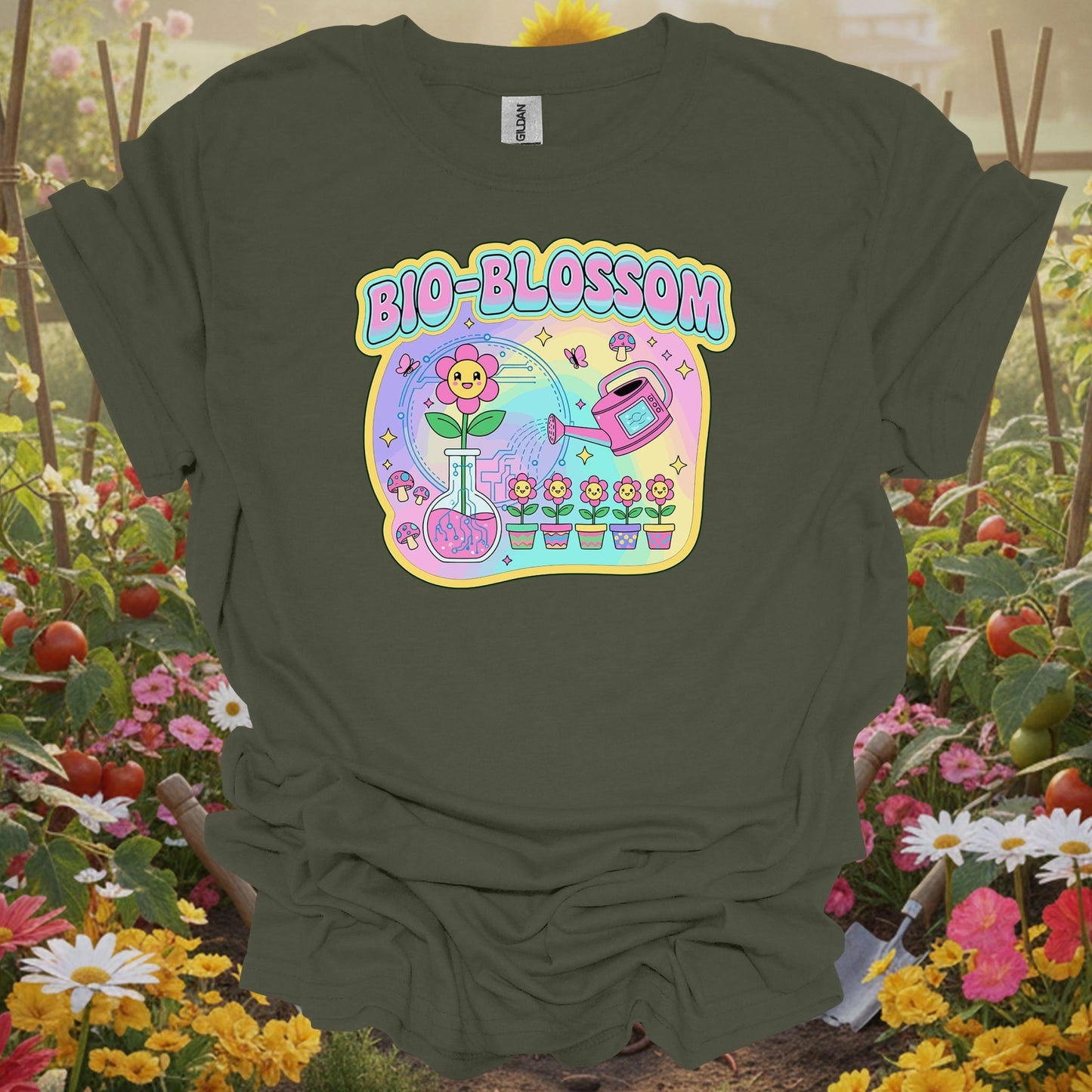 Military Green top showing bio-blossom funky science & garden fusion for nature lovers