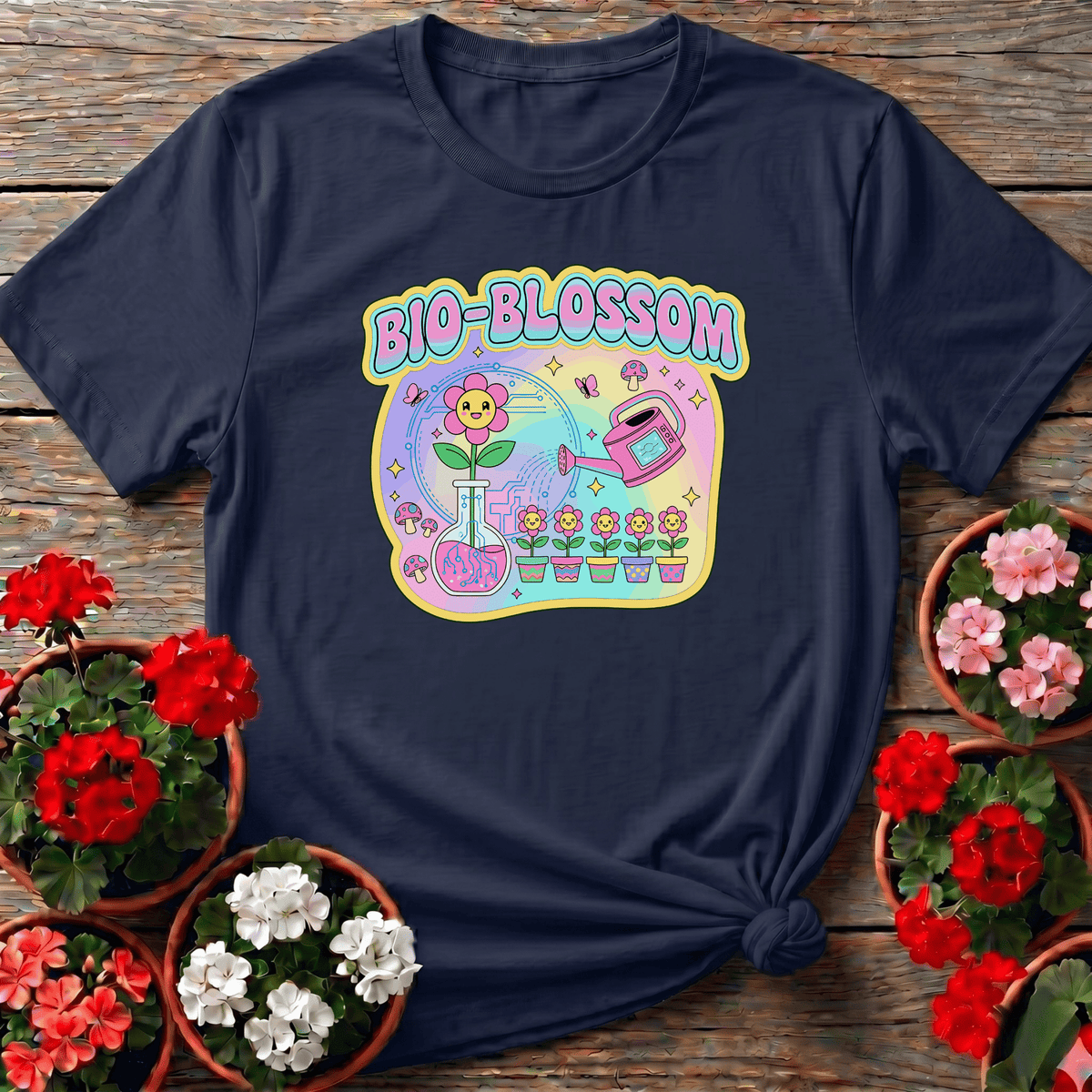 Navy groovy pastel shirt with "Bio-Blossom" smiling flower beaker graphic for botany enthusiasts with a playful side