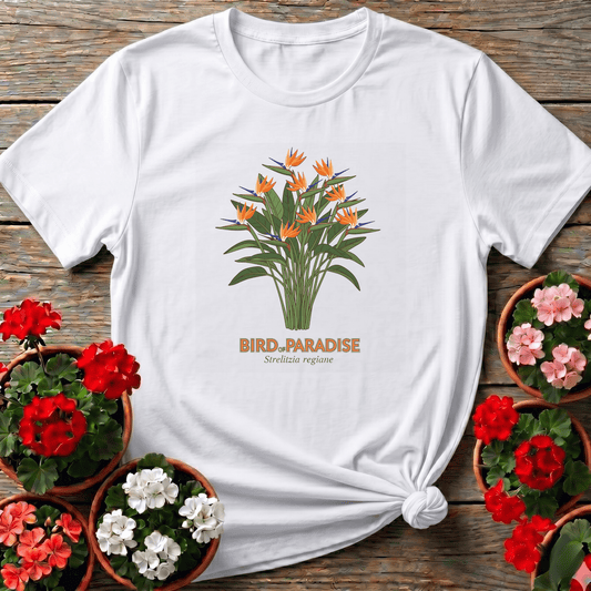 White retro tropical naturalist Bird of Paradise t-shirt with Latin name script for plant collectors