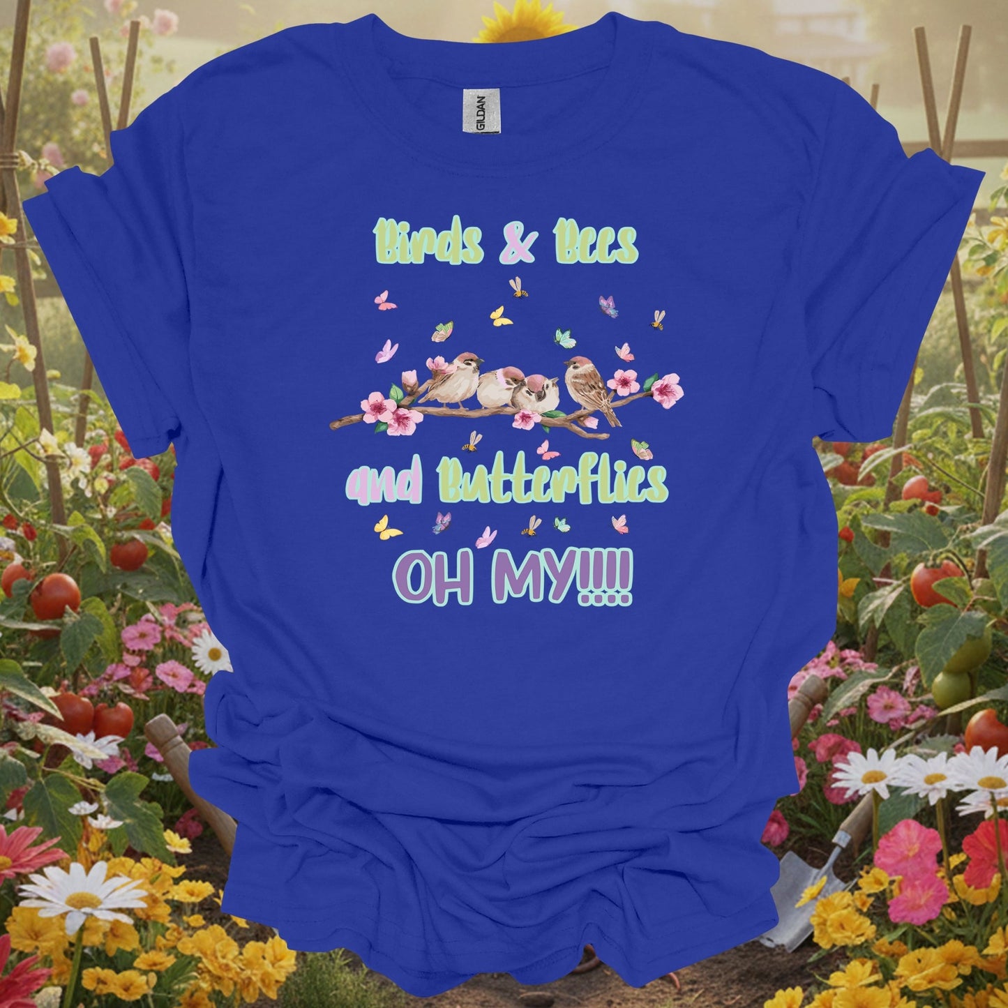 Royal tshirt showing a playful, high-energy tribute to the creatures that thrive among your perennials and sunflowers for cold frame users hardening off transplants