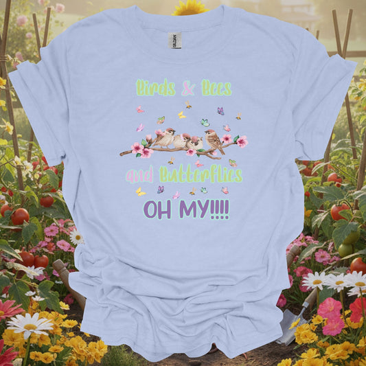 LIght Blue tshirt showing a playful, high-energy tribute to the creatures that thrive among your perennials and sunflowers for cold frame users hardening off transplants