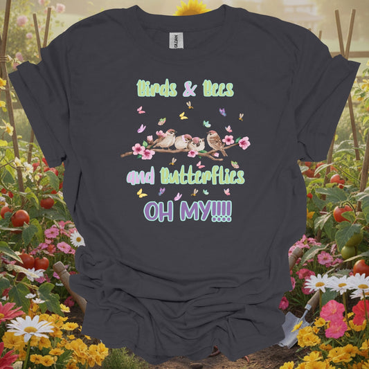 Charcoal tshirt showing a playful, high-energy tribute to the creatures that thrive among your perennials and sunflowers for cold frame users hardening off transplants