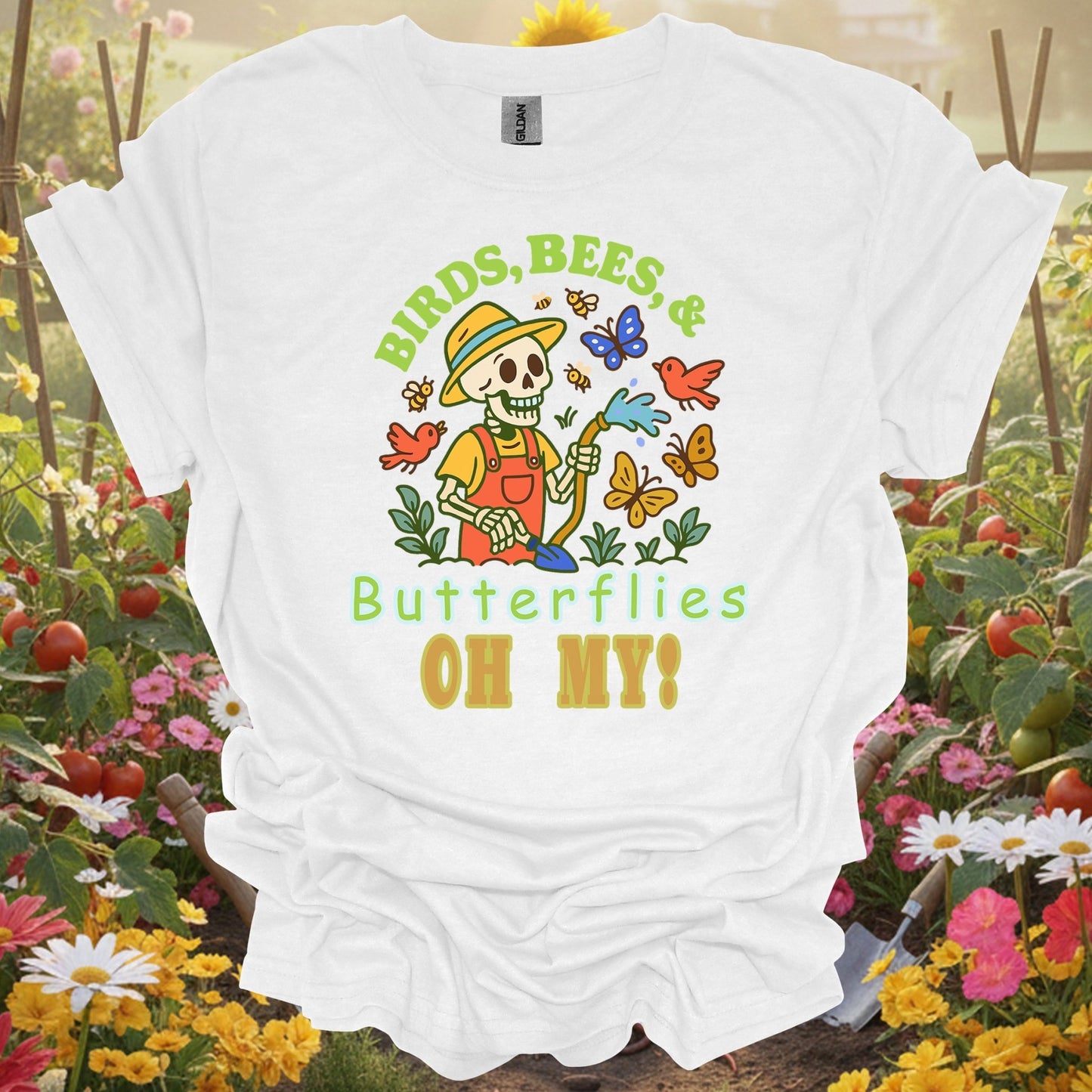 "Birds Bees Butterflies Oh My" Skeleton Gardening Humor T-Shirt - GardeningTshirts