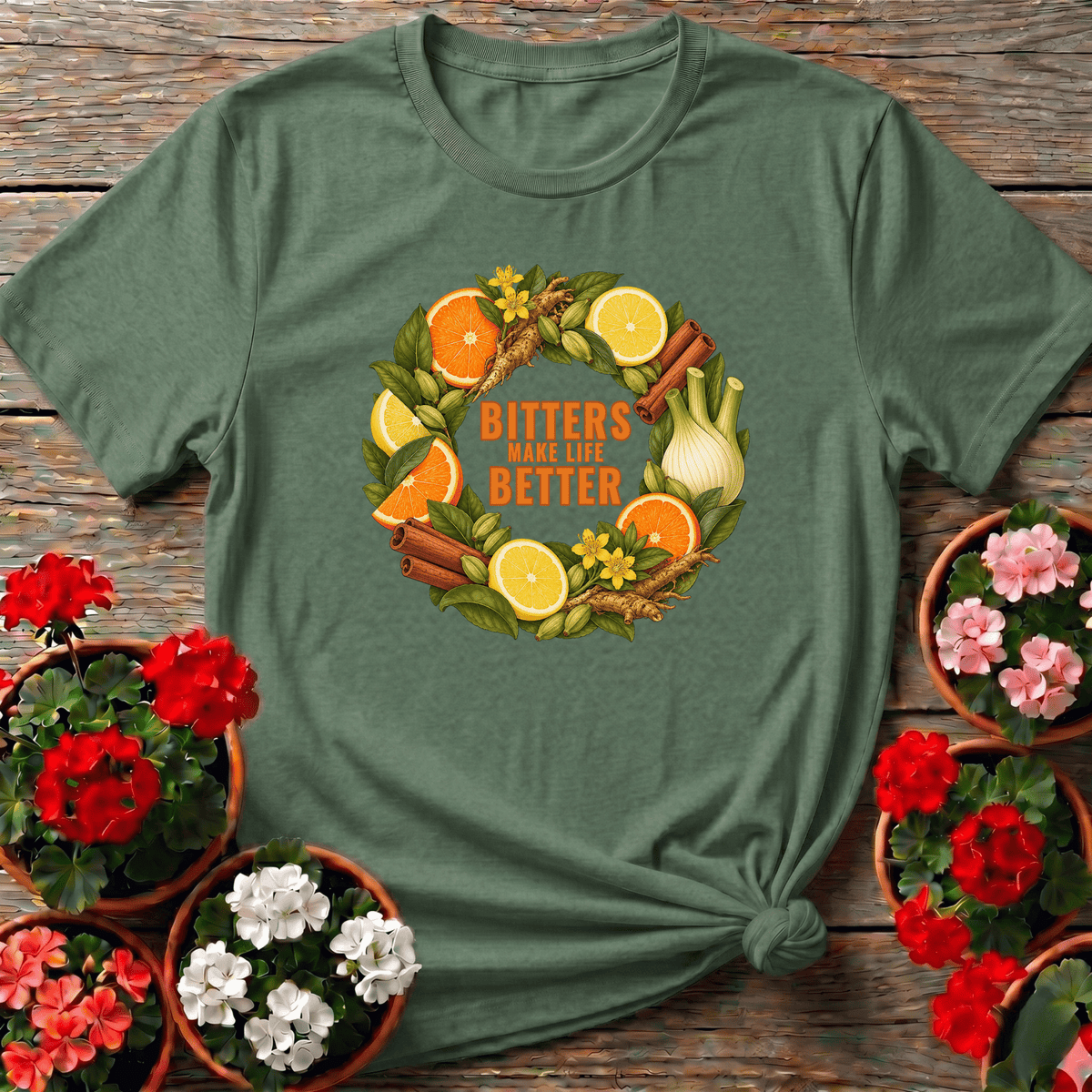 Bitters Make Life Better Citrus Gentian Wreath Herb Tee - GardeningTshirts