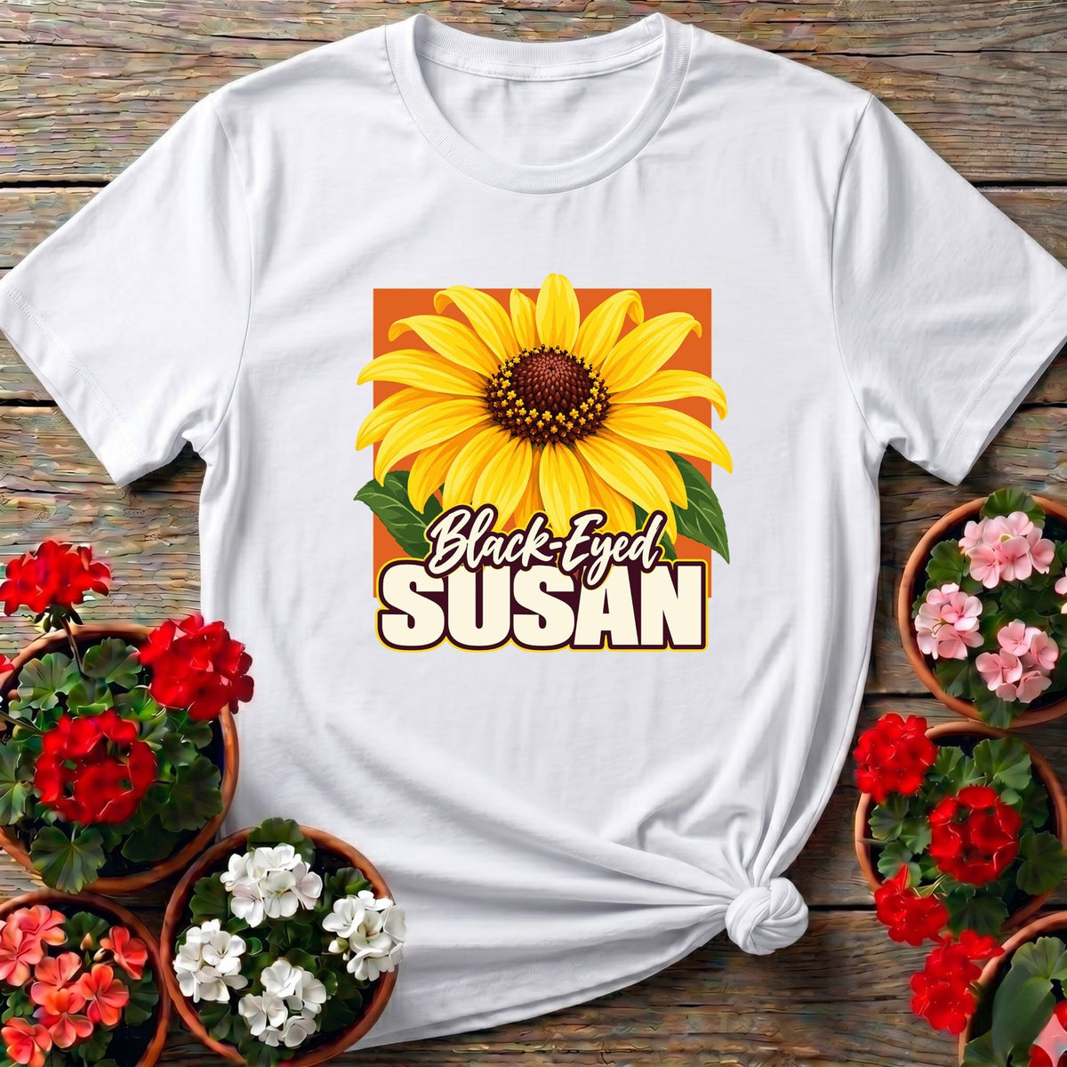 White warm cottagecore black-eyed Susan t-shirt with golden bloom illustration for native plant gardeners