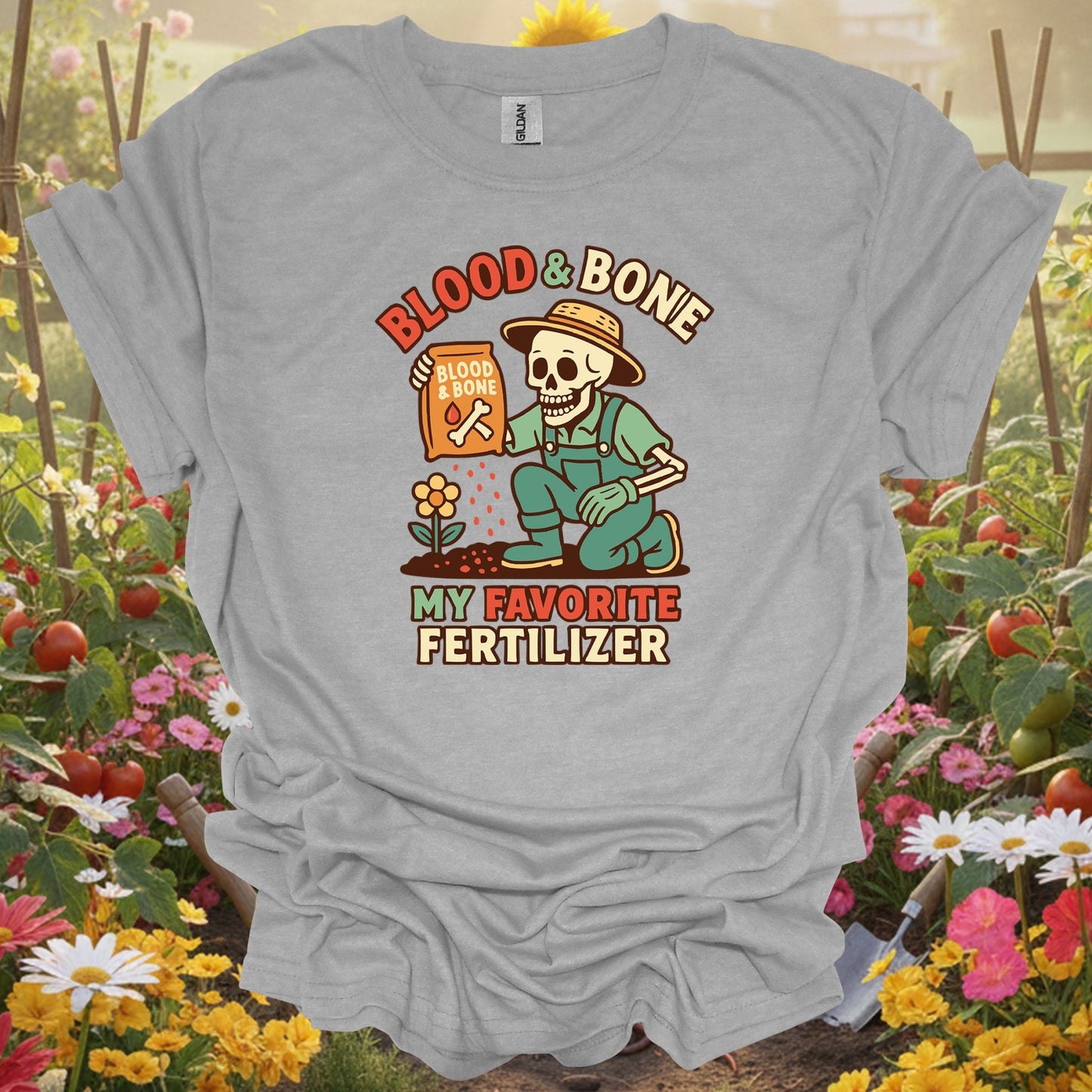 "Blood & Bone" Funny Skeleton Dark Humor Gardener Fertilizer Tee - GardeningTshirts