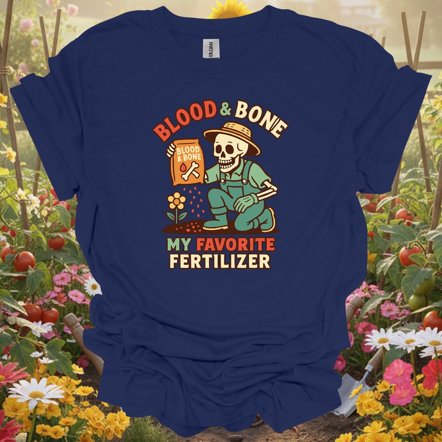 "Blood & Bone" Funny Skeleton Dark Humor Gardener Fertilizer Tee - GardeningTshirts