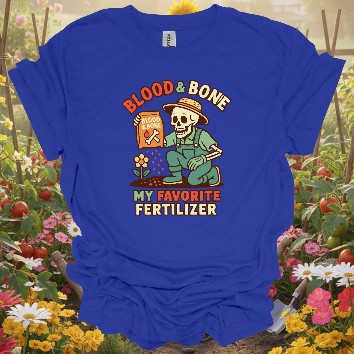 "Blood & Bone" Funny Skeleton Dark Humor Gardener Fertilizer Tee - GardeningTshirts