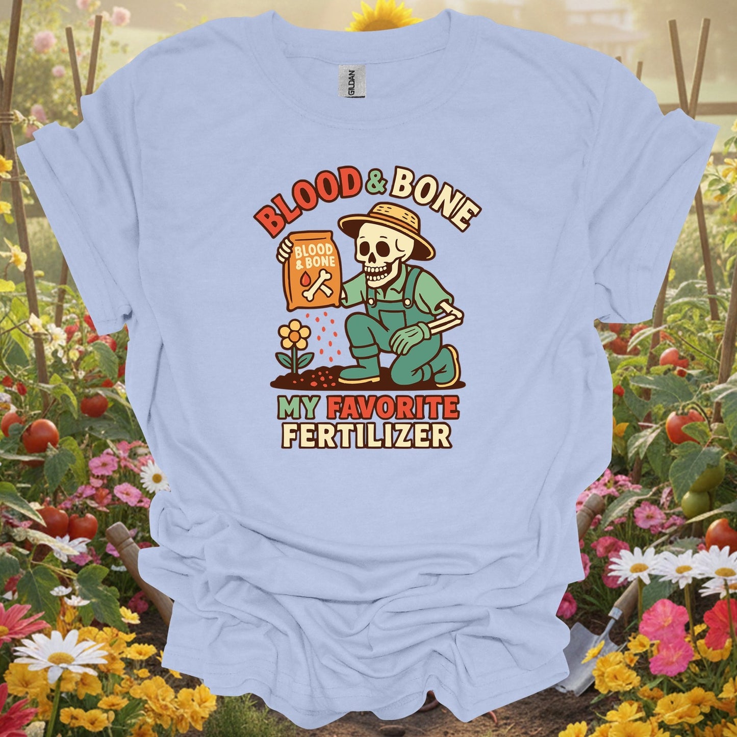 "Blood & Bone" Funny Skeleton Dark Humor Gardener Fertilizer Tee - GardeningTshirts