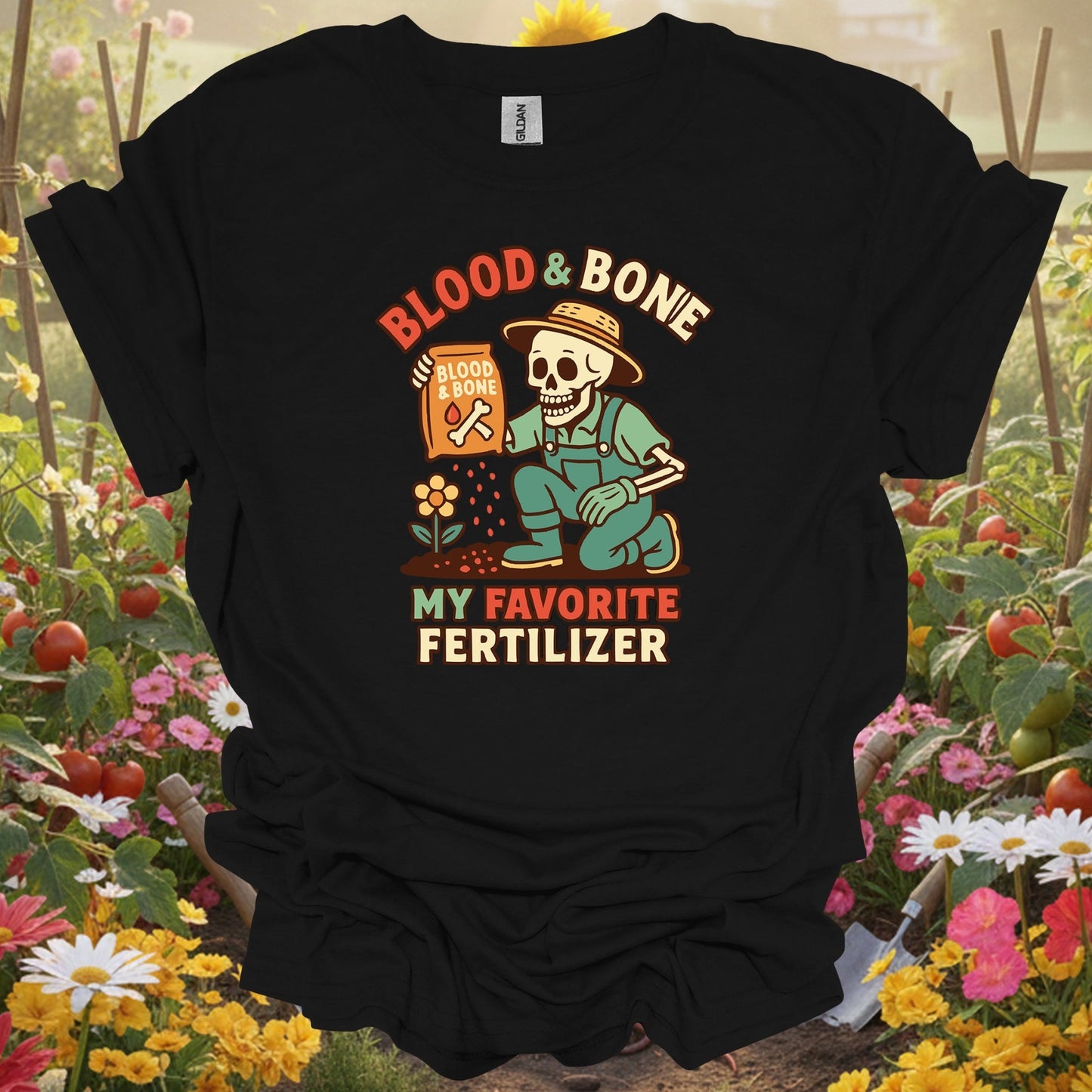 "Blood & Bone" Funny Skeleton Dark Humor Gardener Fertilizer Tee - GardeningTshirts