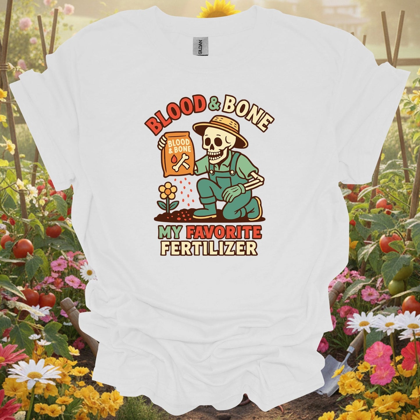 "Blood & Bone" Funny Skeleton Dark Humor Gardener Fertilizer Tee - GardeningTshirts