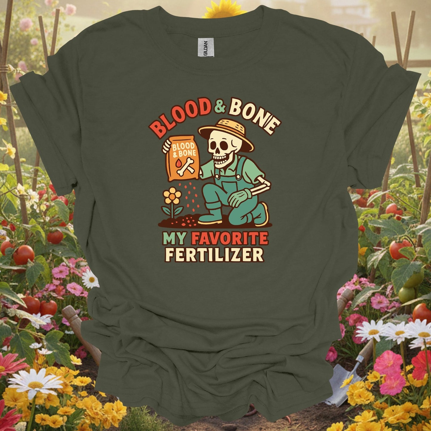 "Blood & Bone" Funny Skeleton Dark Humor Gardener Fertilizer Tee - GardeningTshirts