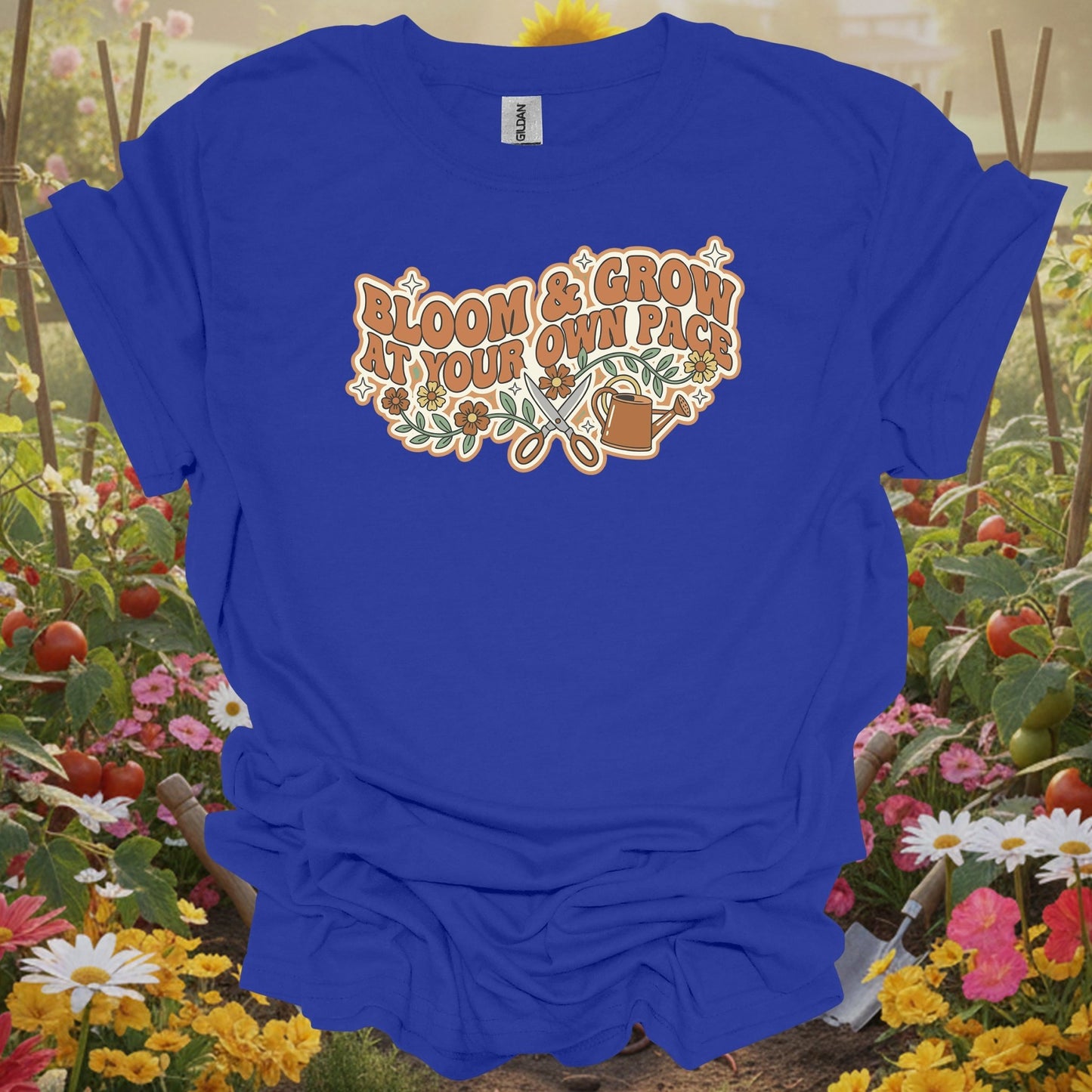Royal tshirt showing retro bloom and grow at your own pace gardening for people who love retro aesthetics