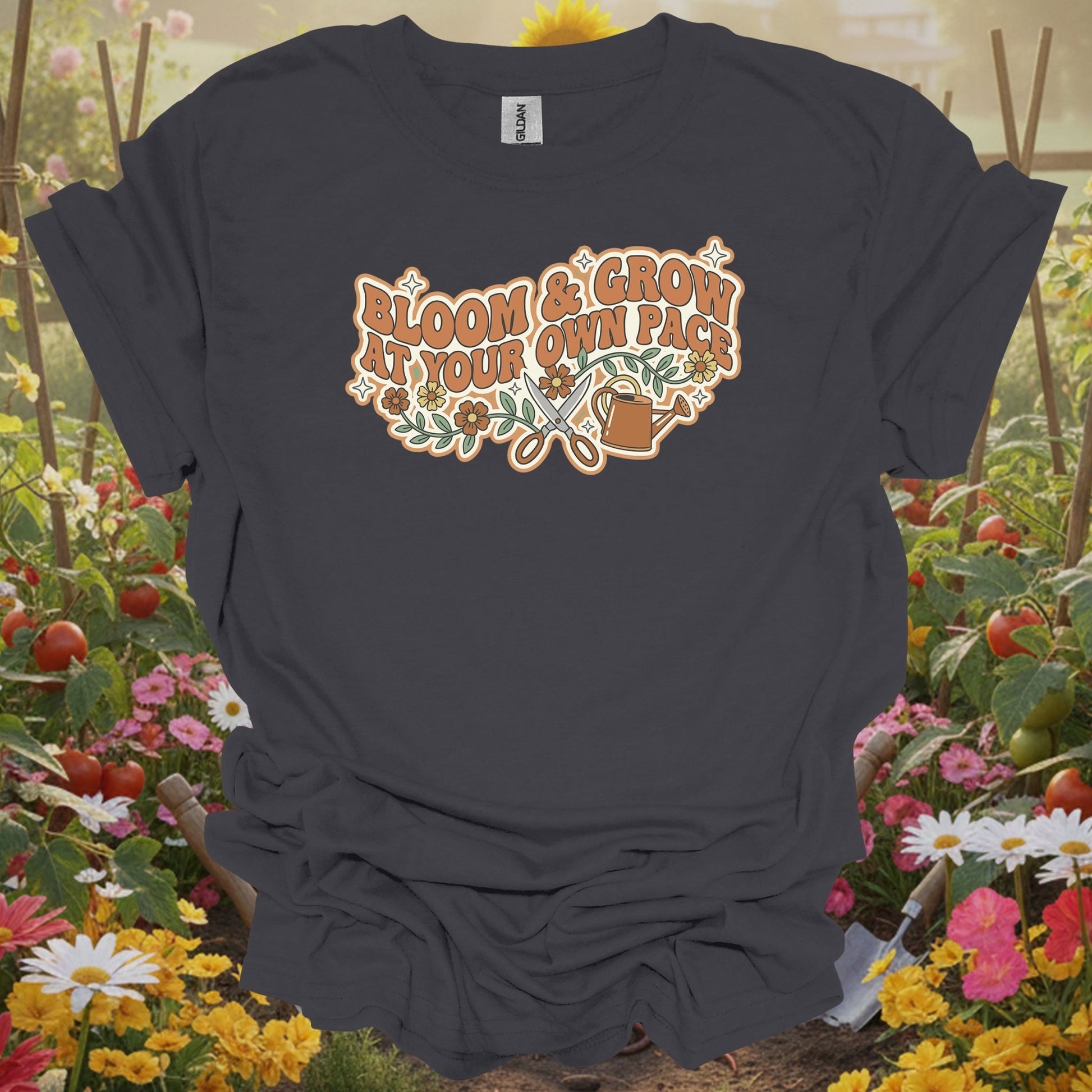 Charcoal tee showing retro bloom and grow at your own pace gardening for retro enthusiasts