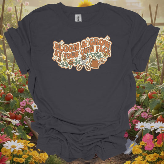 Charcoal tee showing retro bloom and grow at your own pace gardening for retro enthusiasts