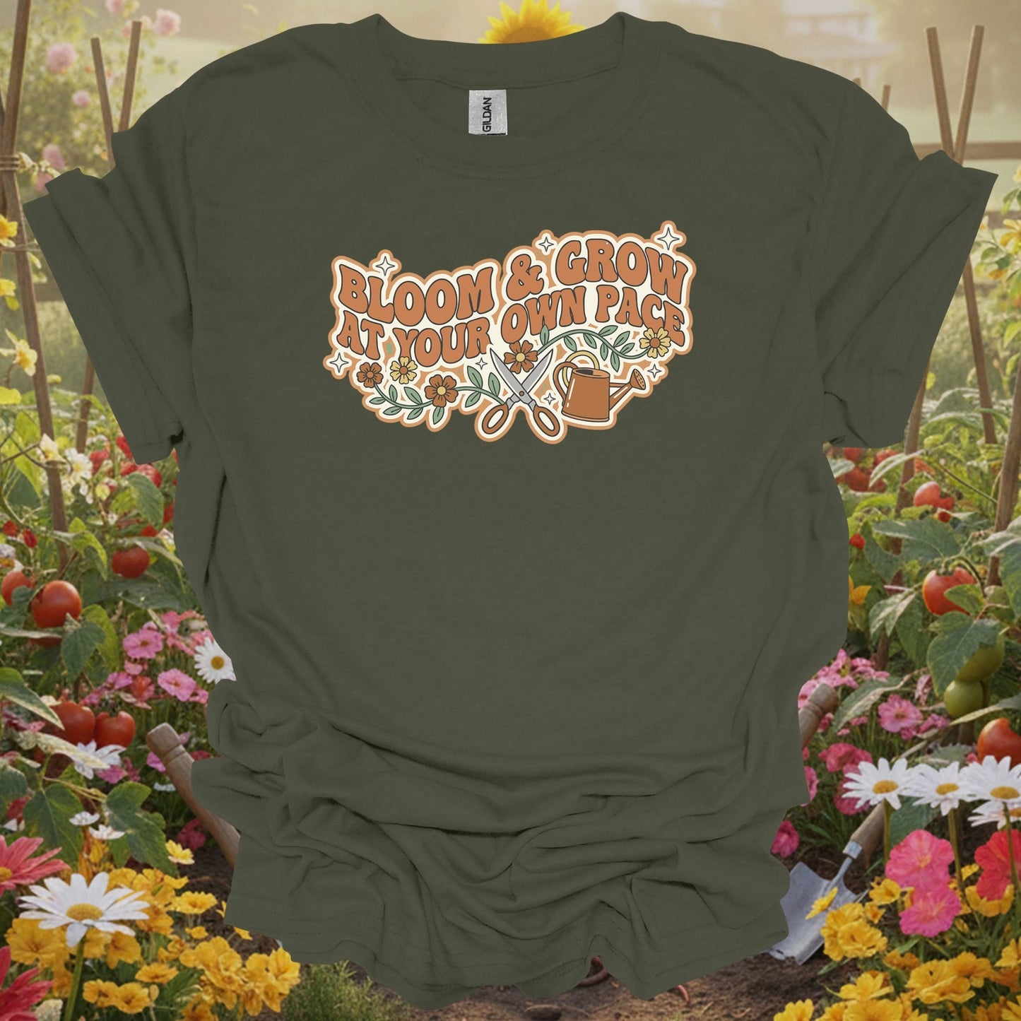 Military green top showing retro bloom and grow at your own pace gardening for retro-inspired plant parents