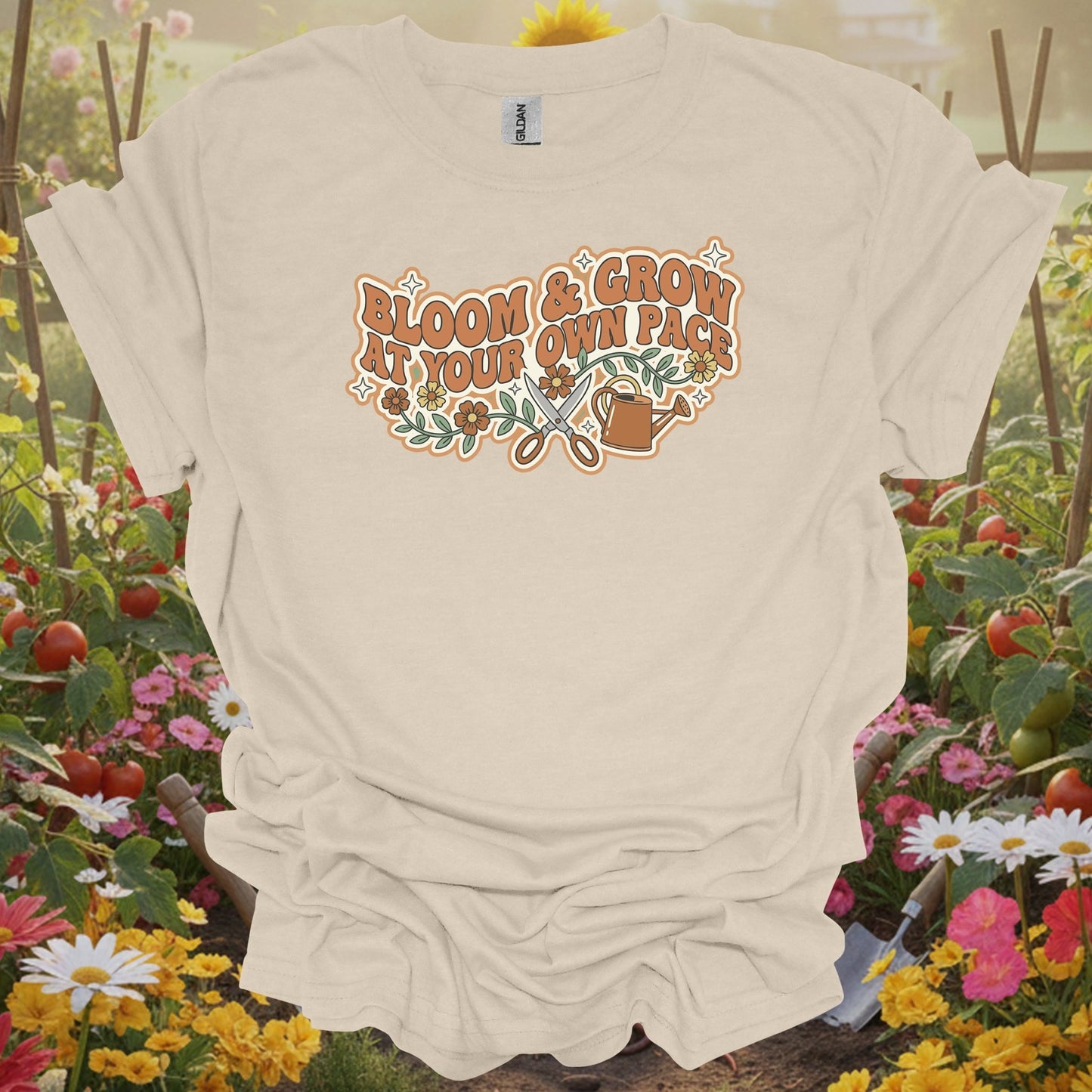 Natural tshirt showing retro bloom and grow at your own pace gardening for folks with vintage taste