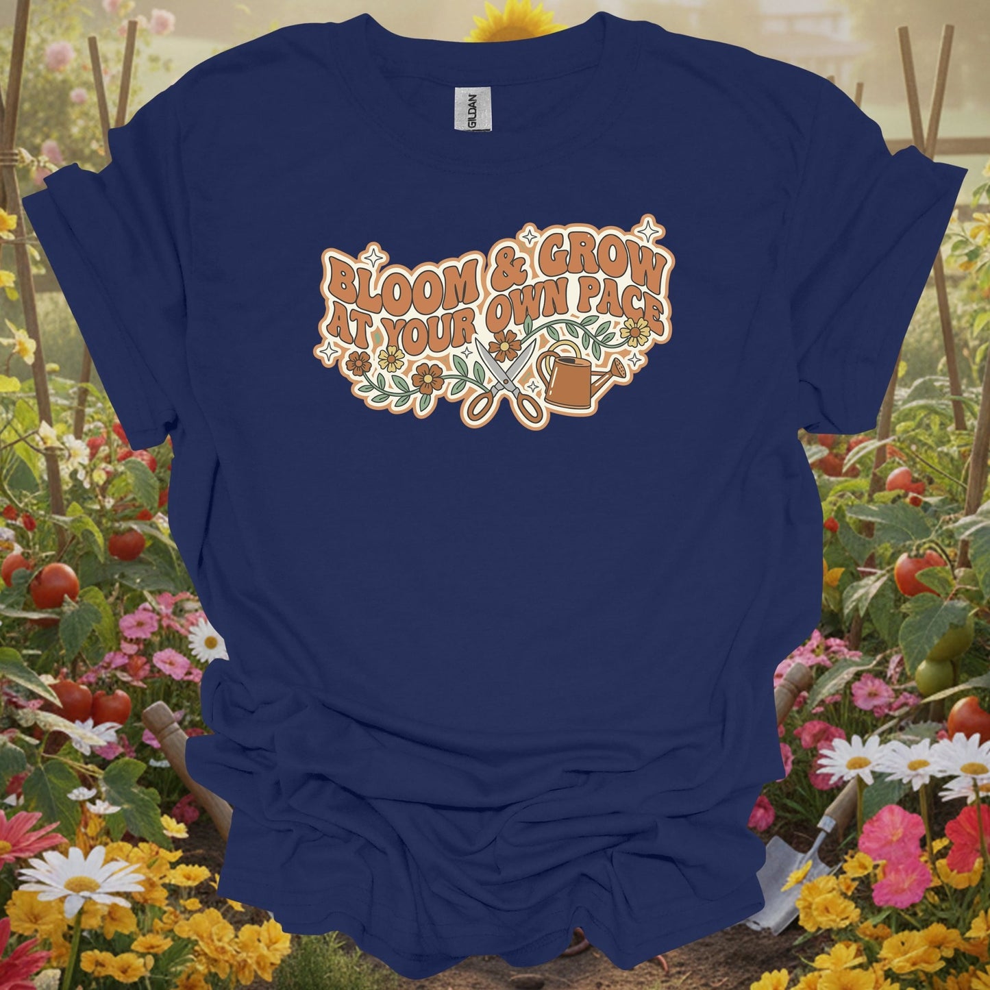 Navy top showing retro bloom and grow at your own pace gardening for nostalgic gardeners