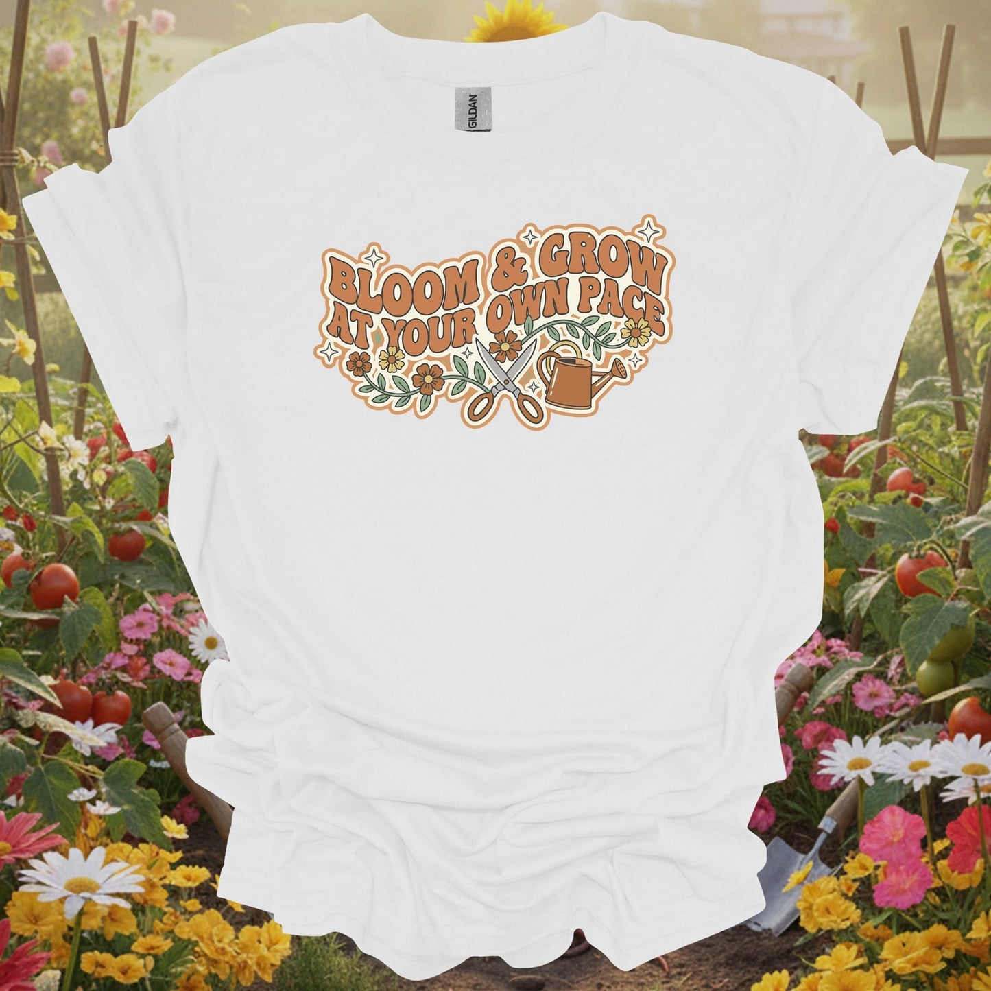White shirt showing retro bloom and grow at your own pace gardening for vintage art collectors