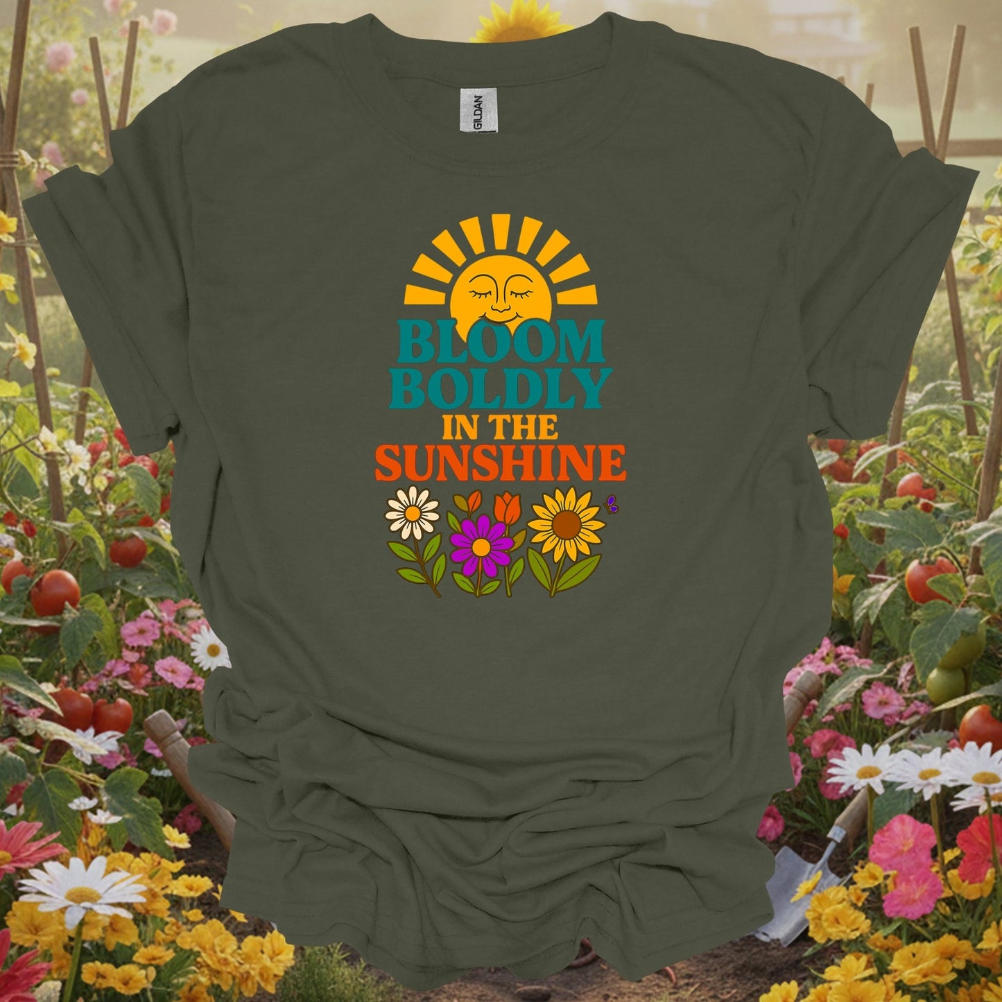 Military Green top showing bloom boldly in the sunshine retro for nature lovers