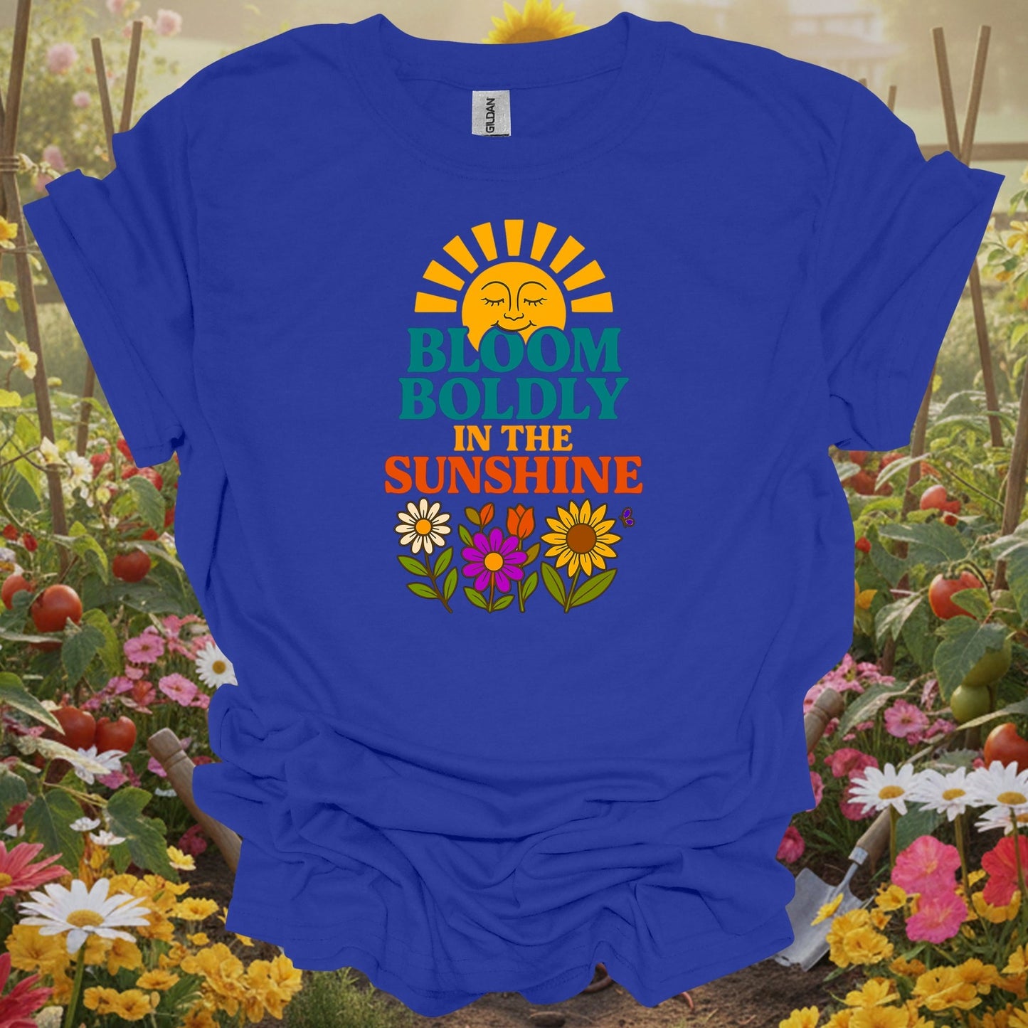 Royal tshirt showing bloom boldly in the sunshine retro for backyard growers
