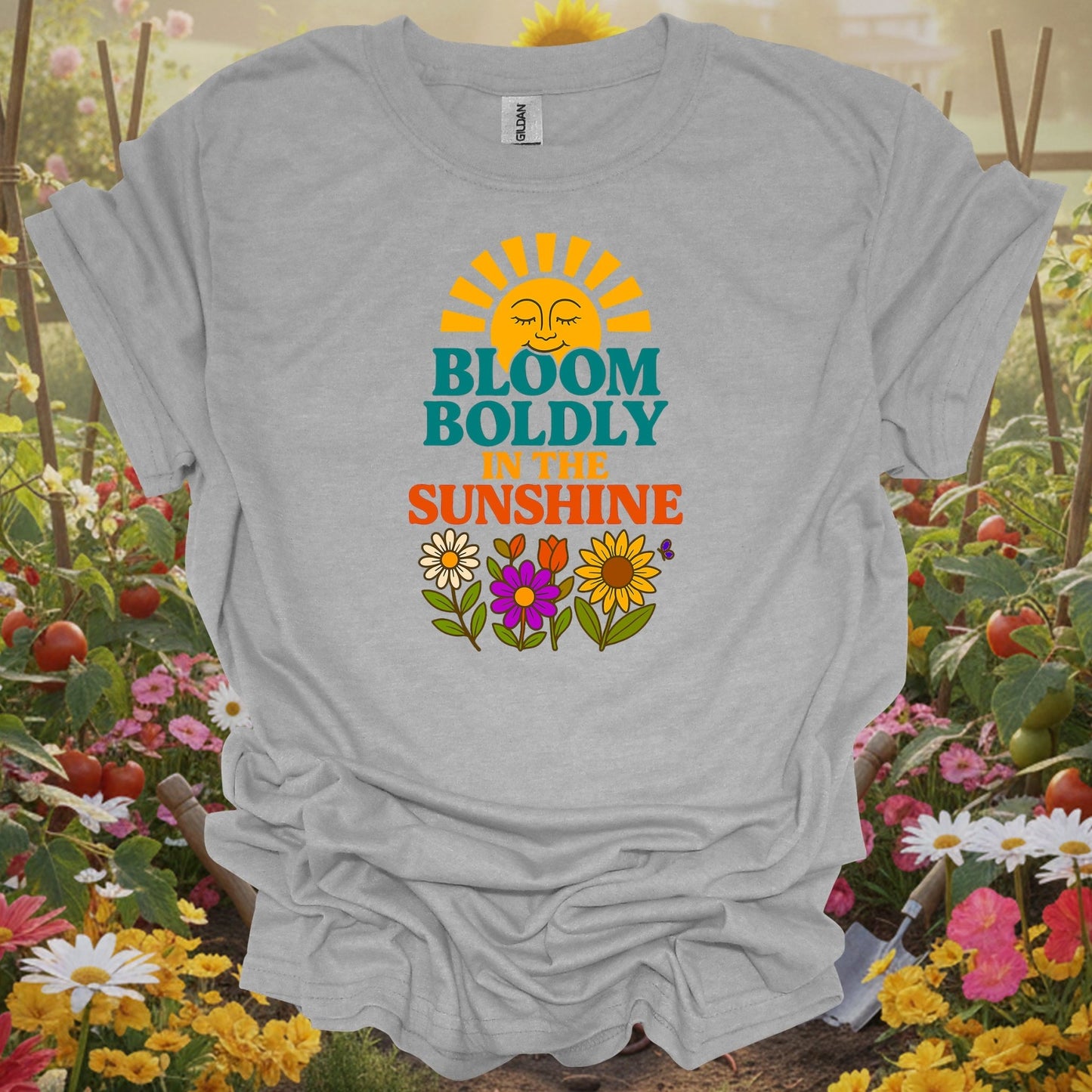 Sport Grey tee showing bloom boldly in the sunshine retro for garden hobbyists